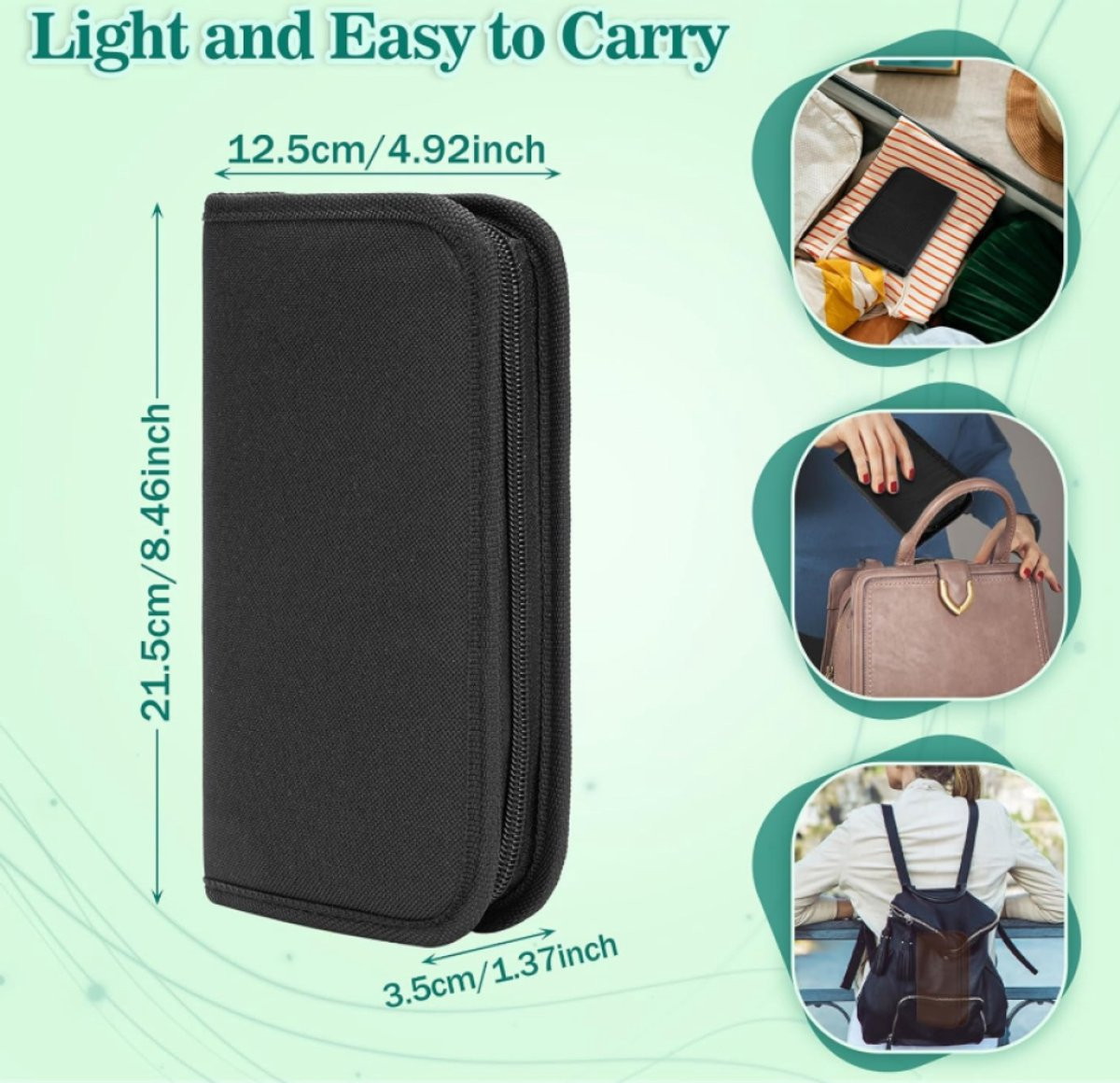 Ein schwarzes Etui mit Reißverschluss, Maßen und Einsatzbildern im Koffer, Handtasche und Rucksack.