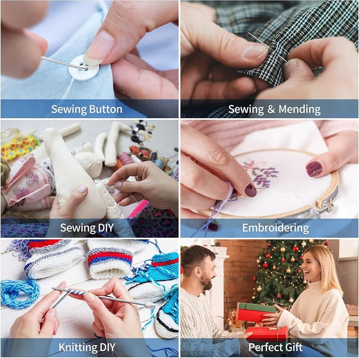 Sechs Bilder zeigen Näh-, Stick- und Strickarbeiten sowie ein Paar mit Geschenk.