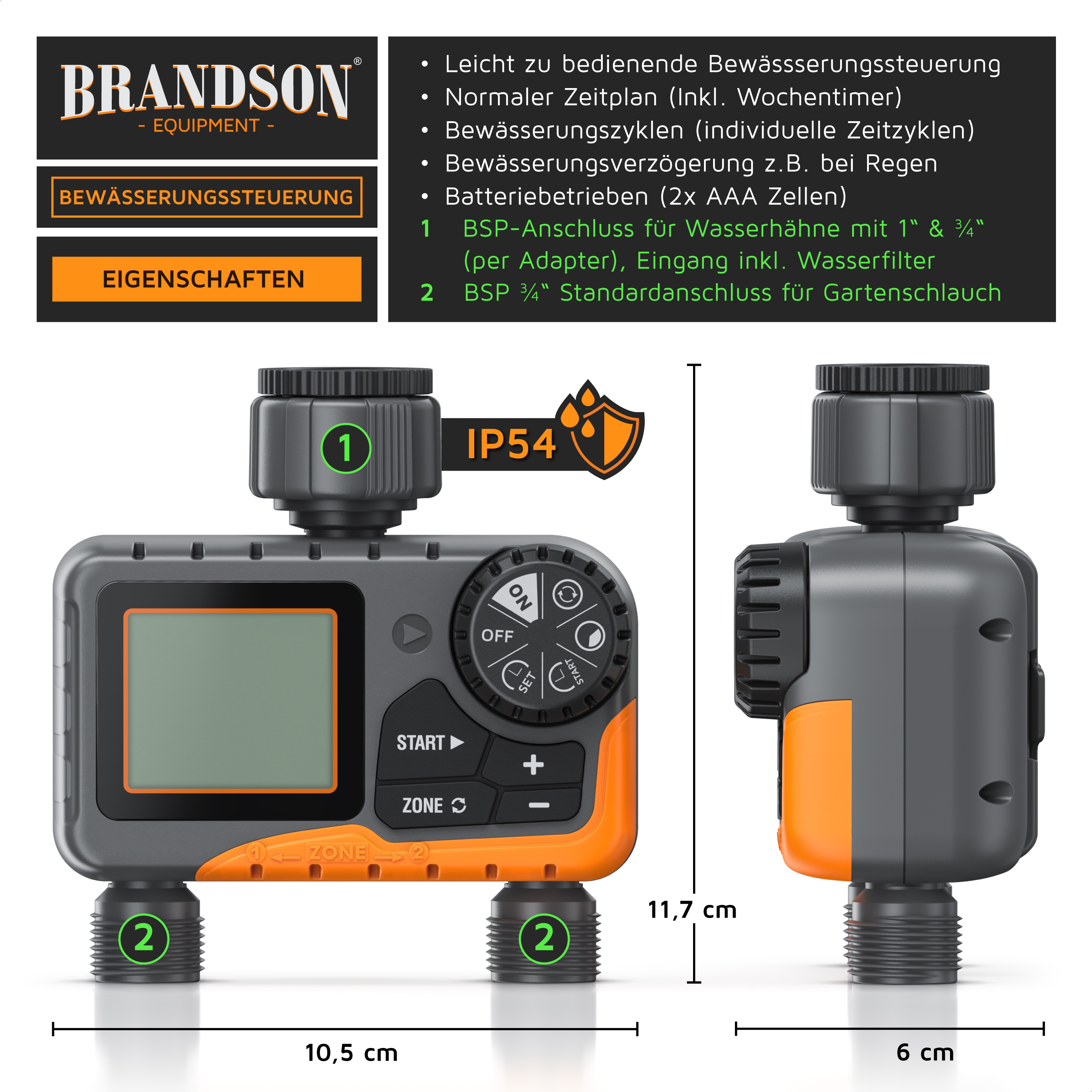 Brandson Bewässerungssteuerung mit zwei Ausgängen, LCD-Bildschirm, Tasten, Drehregler und Maßen in Zentimetern.