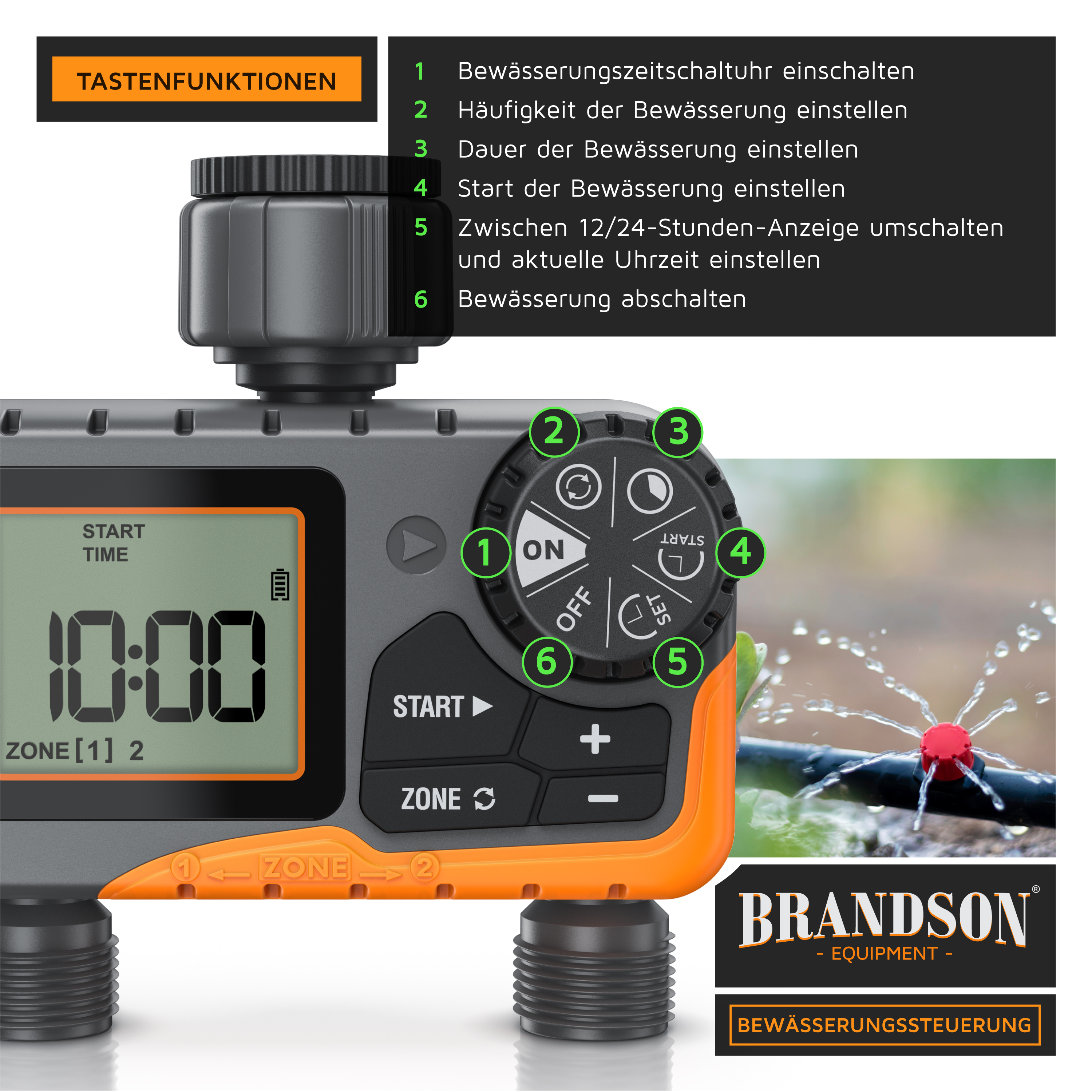 Diagramm der Tastenfunktionen einer Brandson Bewässerungssteuerung mit LCD-Display und Drehknopf.