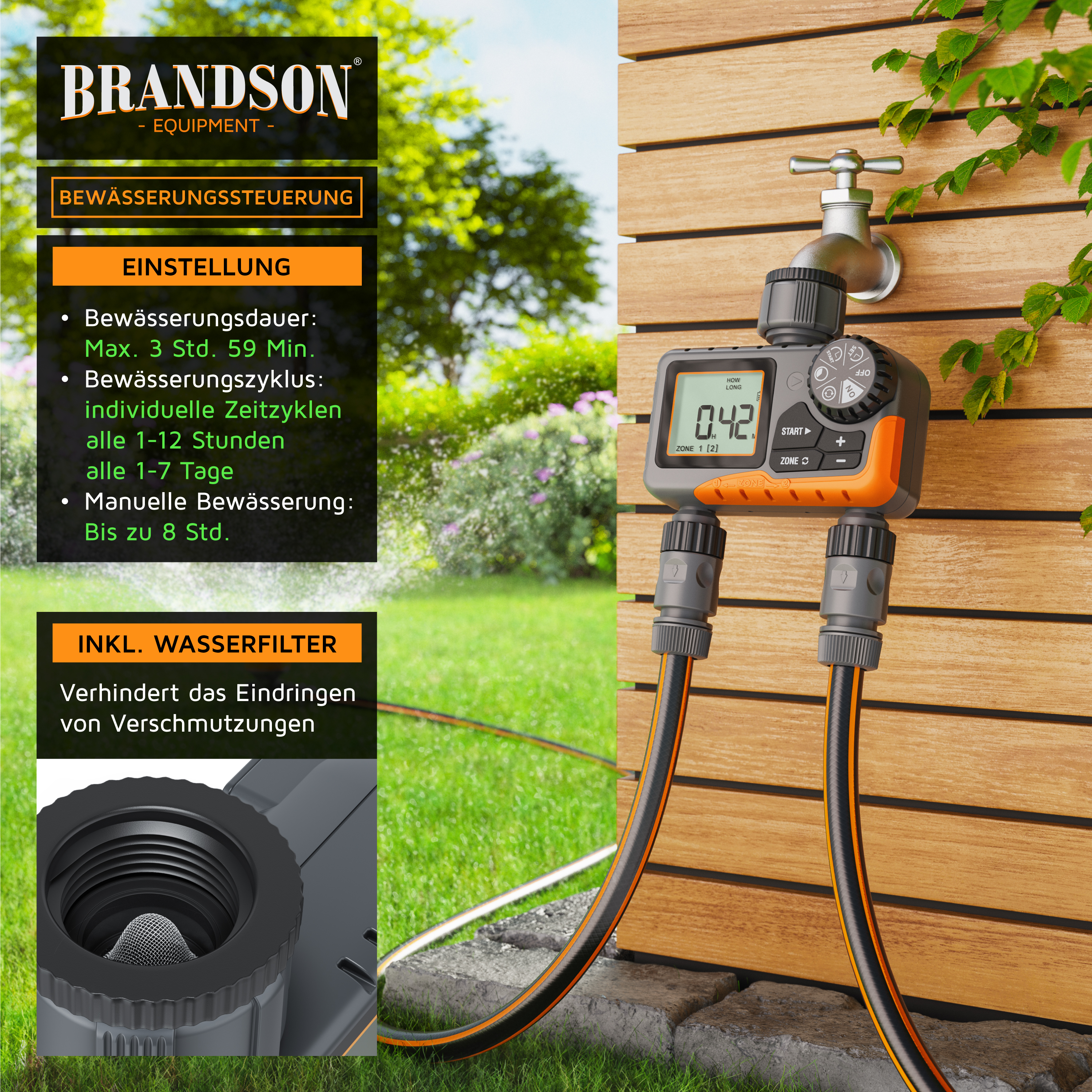 Brandson Bewässerungssteuerung an einem Außenwasserhahn mit zwei angeschlossenen Schläuchen in einem Garten.