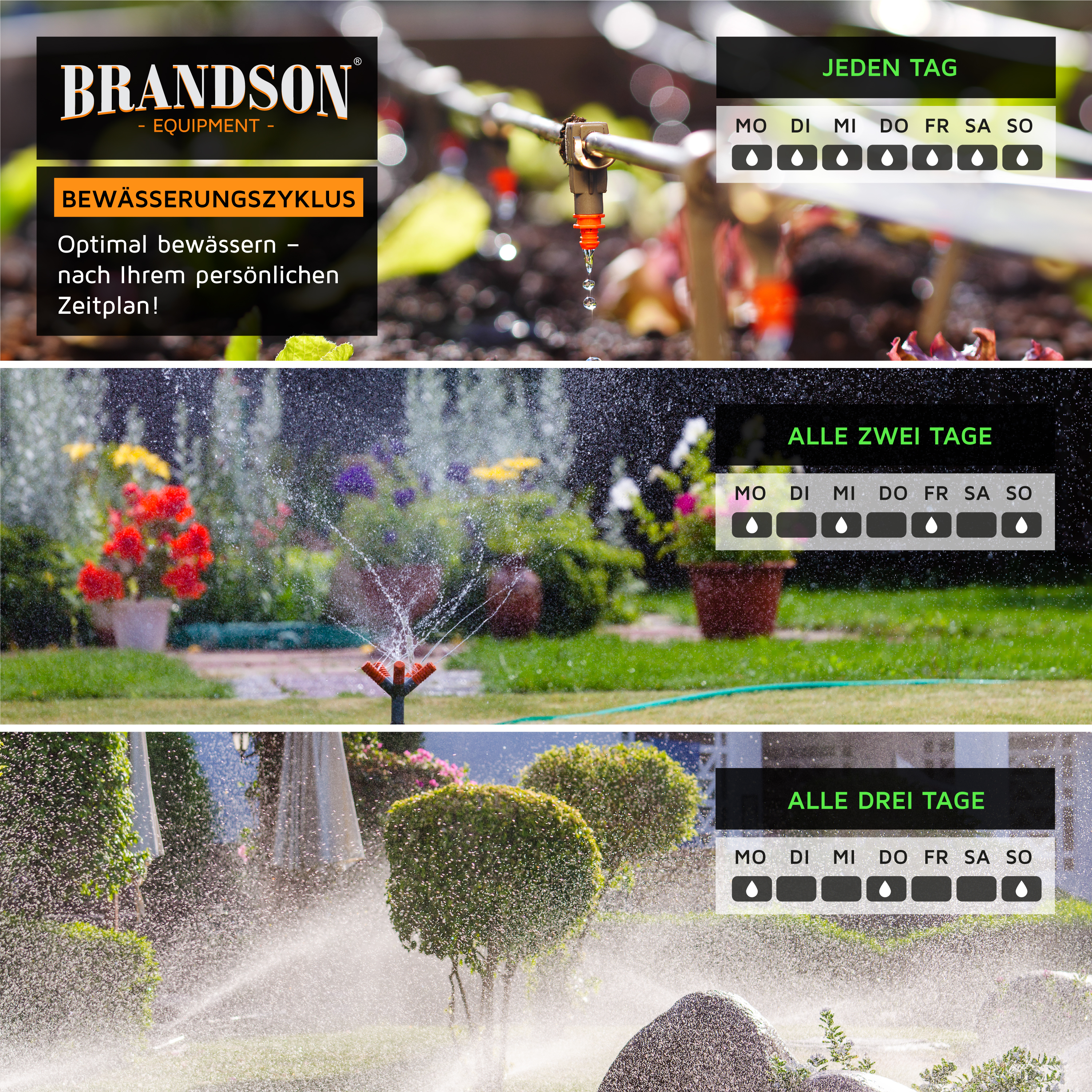 Brandson-Bewässerungszyklen mit Tropfer und Rasensprengern im Garten.