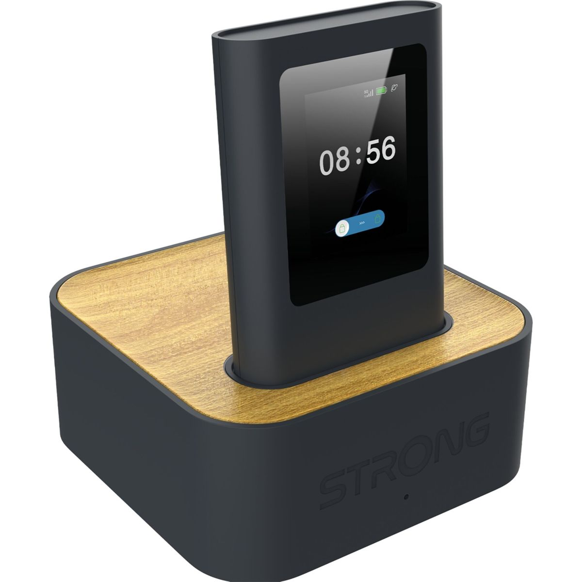 Un dispositivo Wi-Fi negro colocado sobre una base de carga cuadrada con superficie de madera.