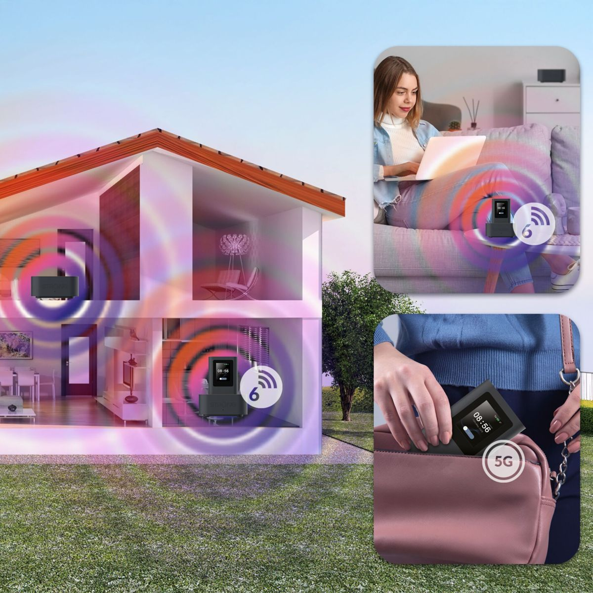 Una casa con ondas de wifi, una mujer en el sofá con un ordenador portátil y una persona guardando un dispositivo en un bolso.