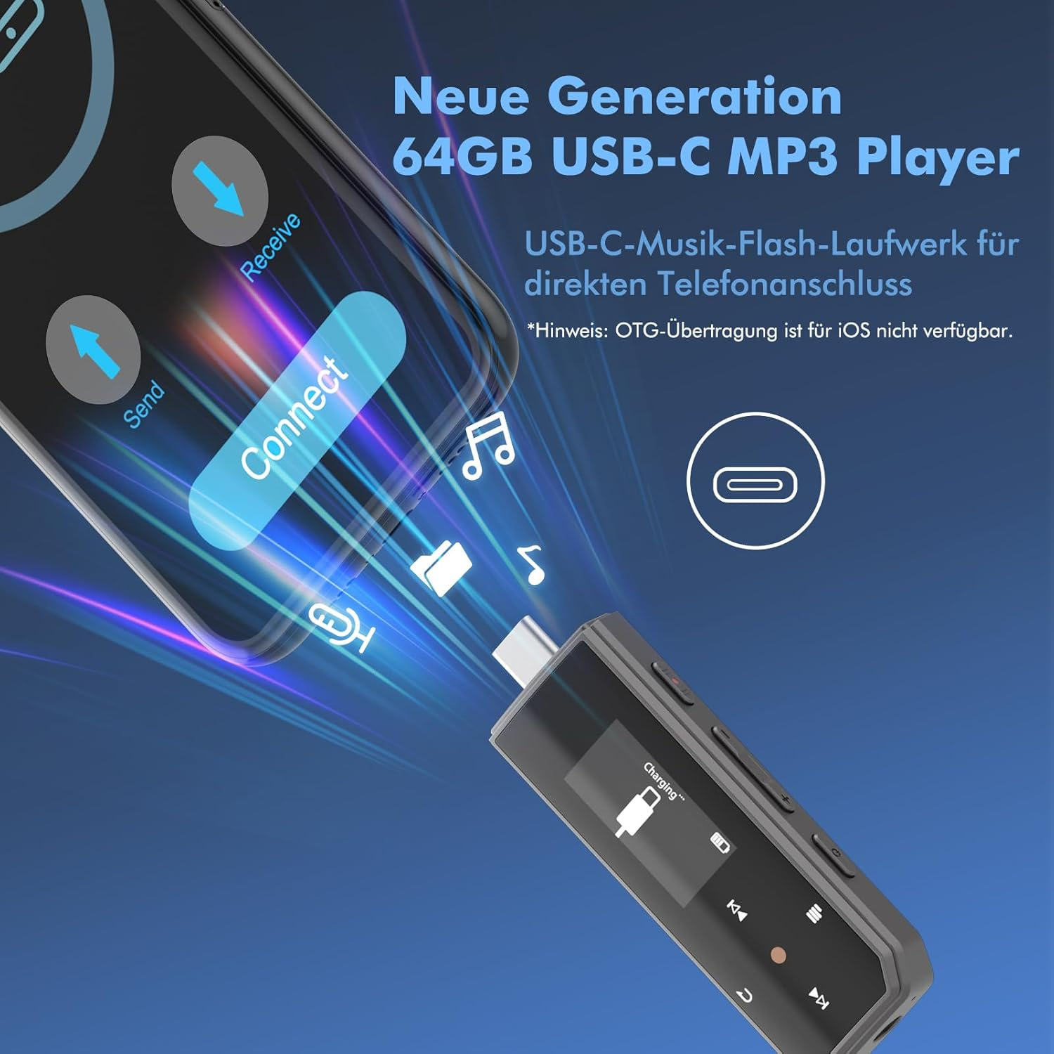 Ein 64GB USB-C MP3-Player verbindet sich mit einem Smartphone und zeigt Musik- und Dateisymbole.