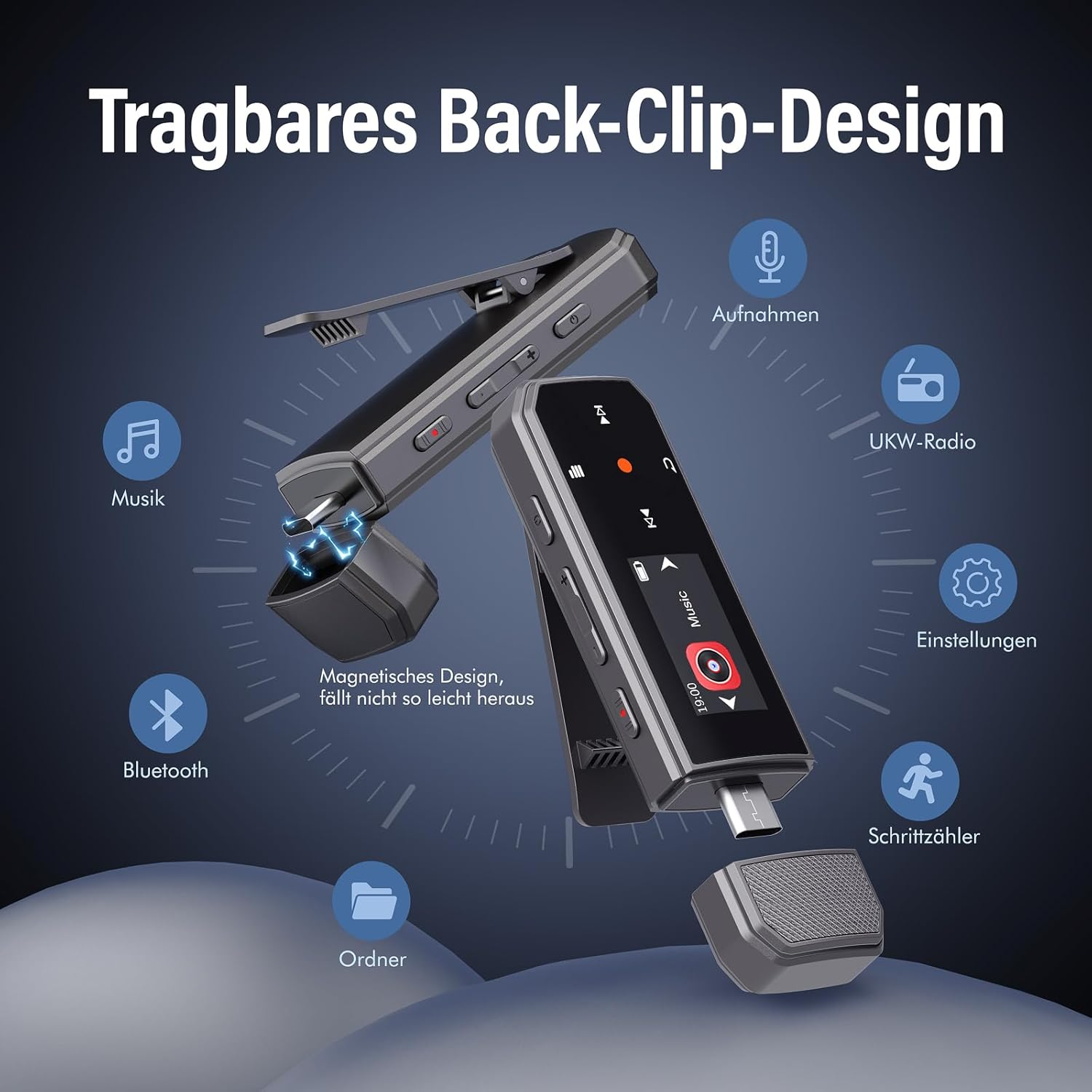 Tragbarer MP3-Player mit Clip, Bluetooth und verschiedenen Funktionssymbolen.