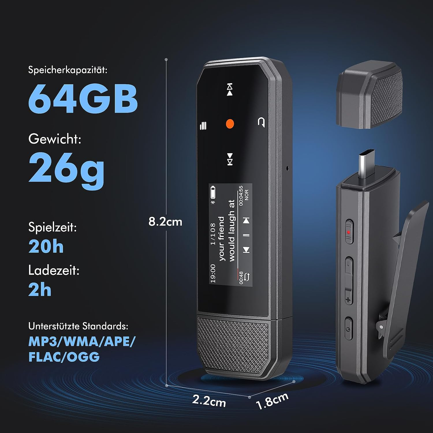 Schwarzes Diktiergerät mit 64GB Speicher, Maßen und technischen Daten auf blauem Hintergrund.