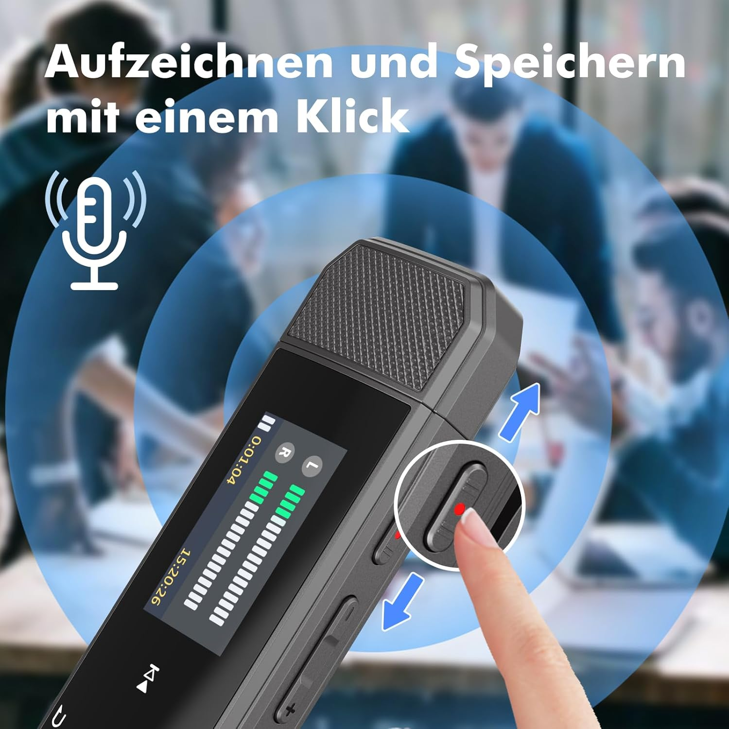 Ein Finger drückt die Aufnahmetaste eines schwarzen Sprachrecorders mit digitaler Anzeige und Lautsprecher.