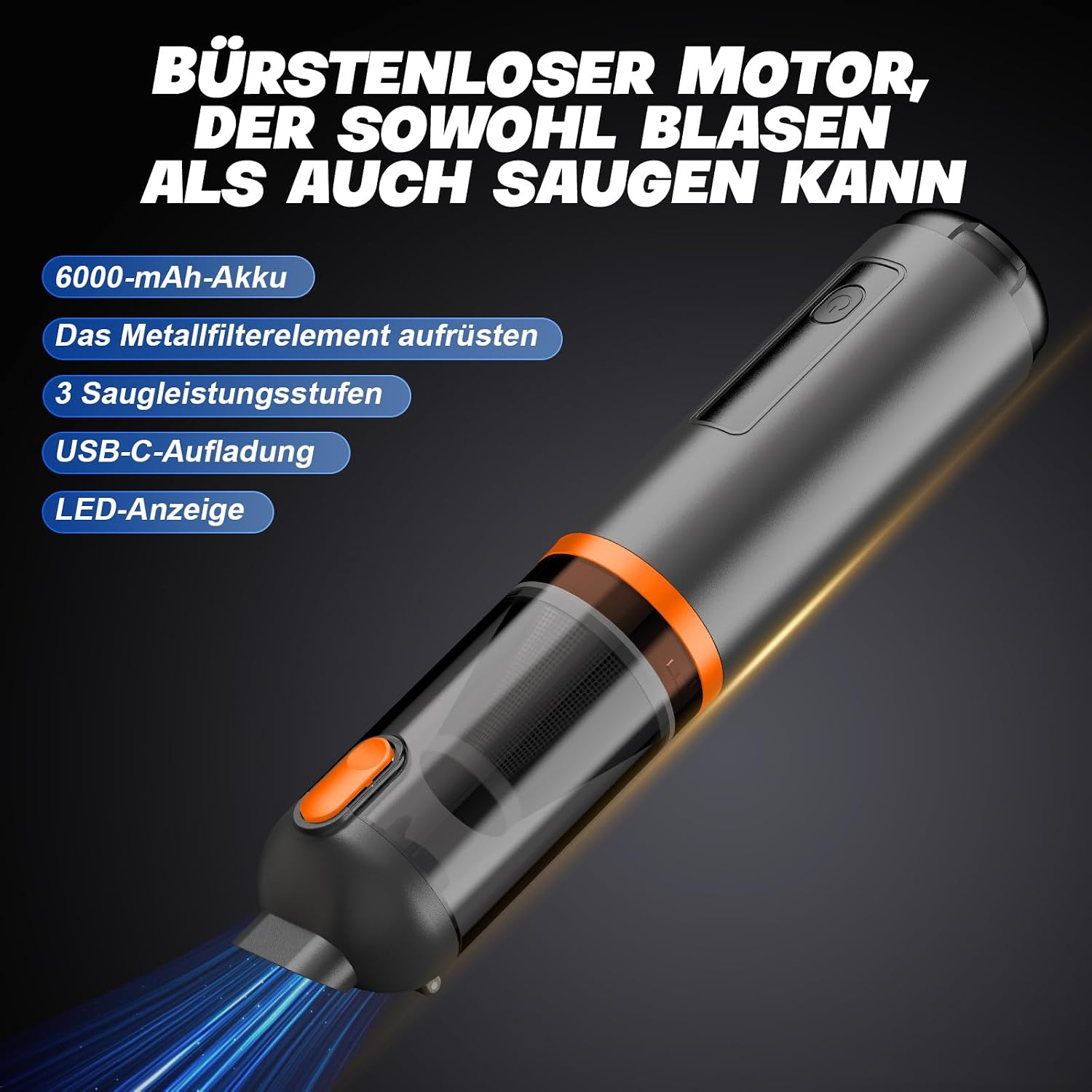 Handstaubsauger mit bürstenlosem Motor, LED-Anzeige und USB-C-Aufladung.