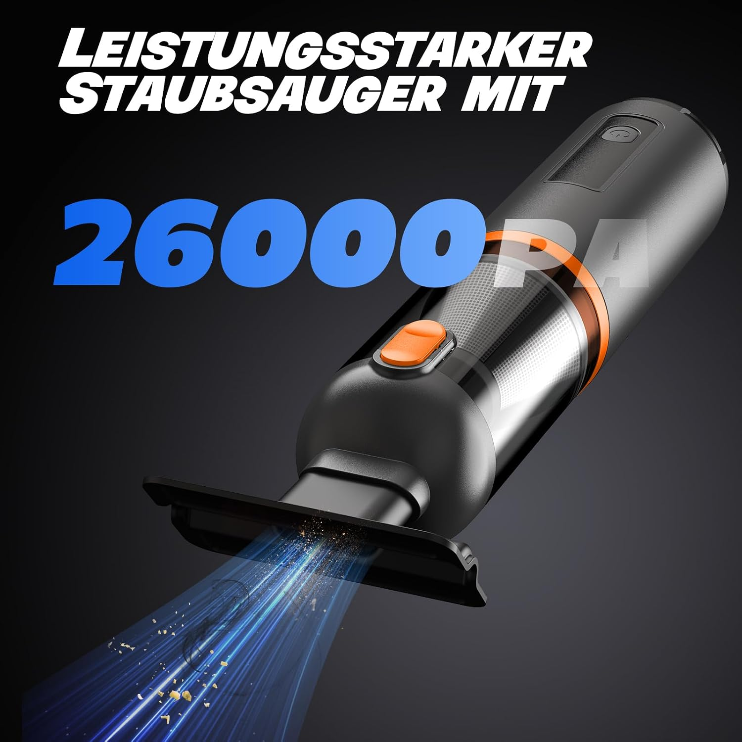 Schwarzer Handstaubsauger mit oranger Taste und blauen Lichteffekten auf schwarzem Hintergrund.