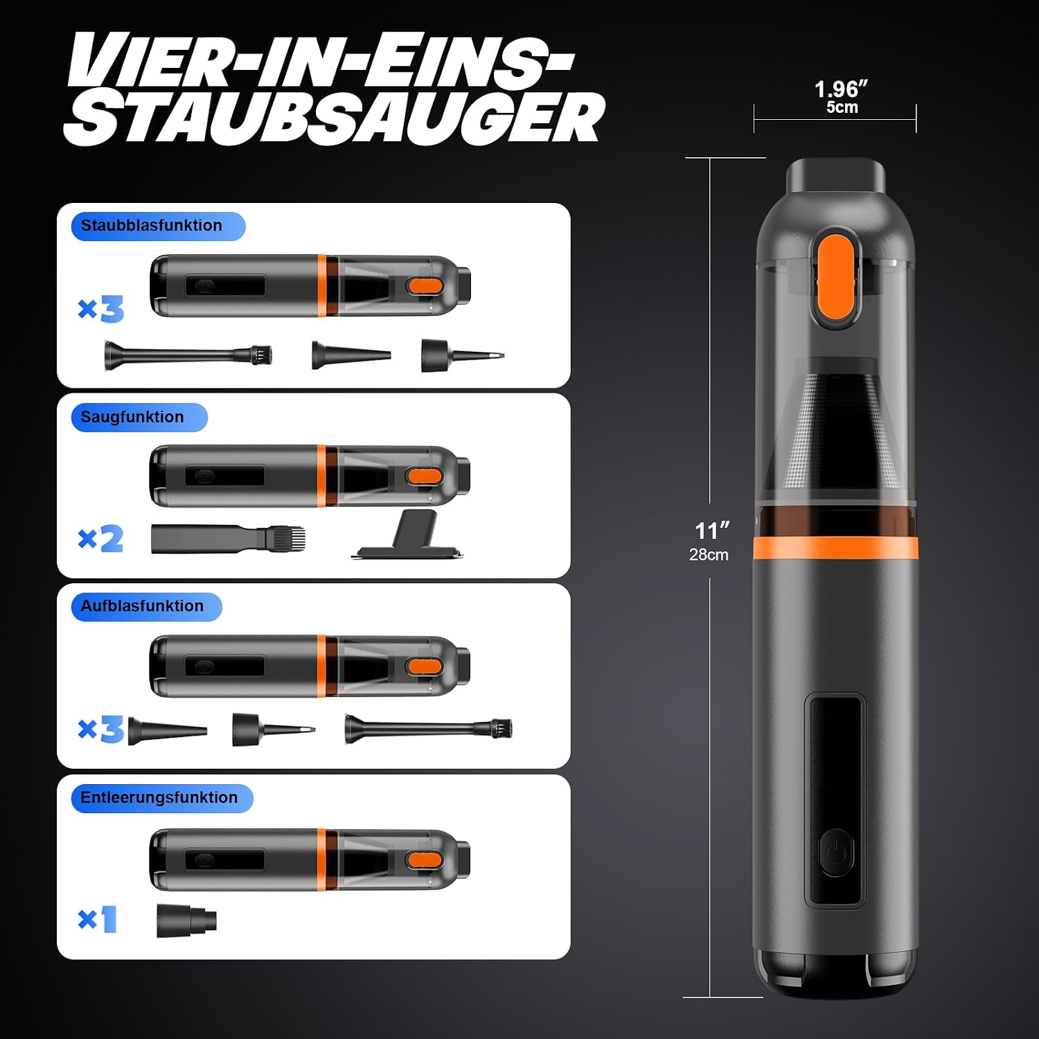 Ein grauer 4-in-1 Handstaubsauger mit verschiedenen Aufsätzen und Maßangaben auf schwarzem Hintergrund.