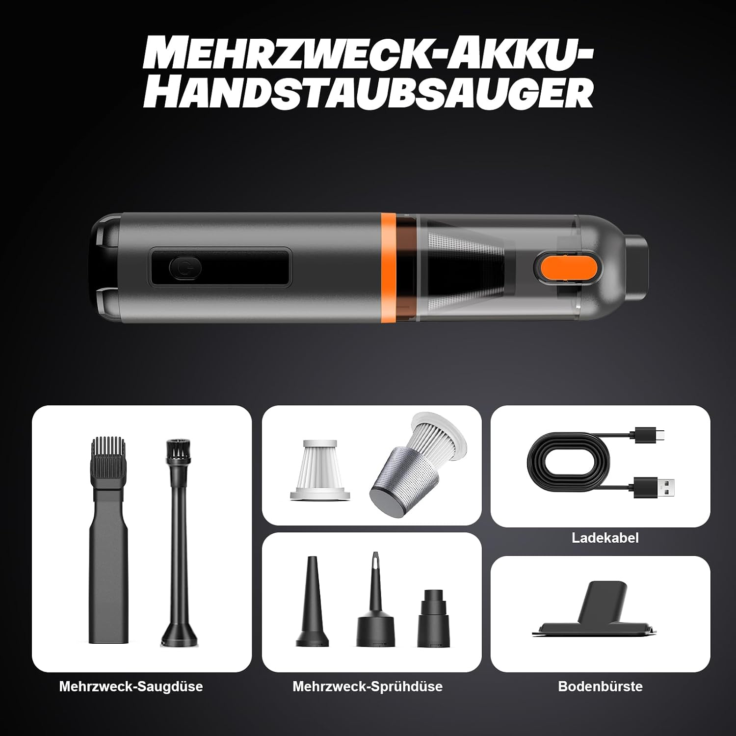 Handstaubsauger mit Zubehör wie Düsen, Filtern, Ladekabel und Bodenbürste auf schwarzem Hintergrund.
