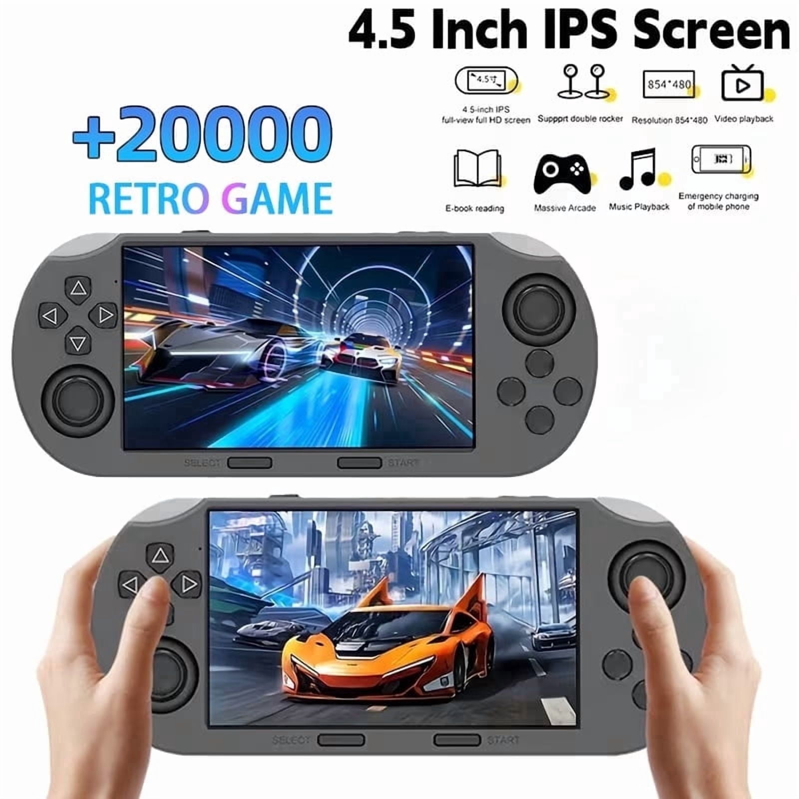 Graue Retro-Handheld-Spielkonsole mit 4,5-Zoll-Bildschirm und Rennspielgrafik.