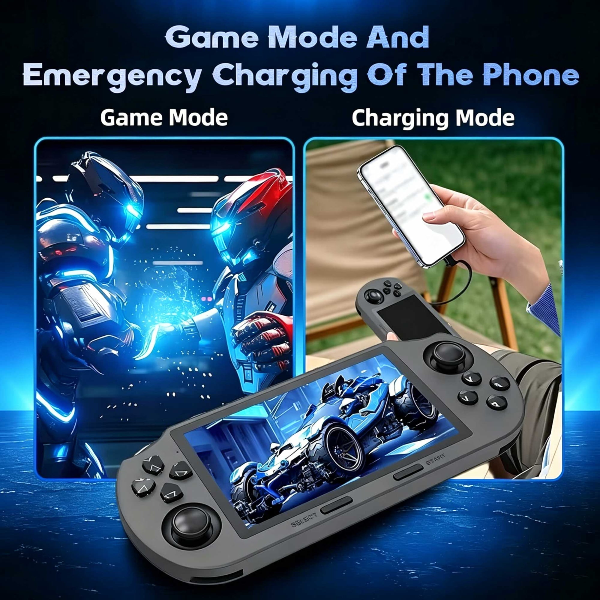 Eine Handheld-Konsole zeigt Spiel- und Lade-Modi mit Robotern und verbundenem Smartphone.