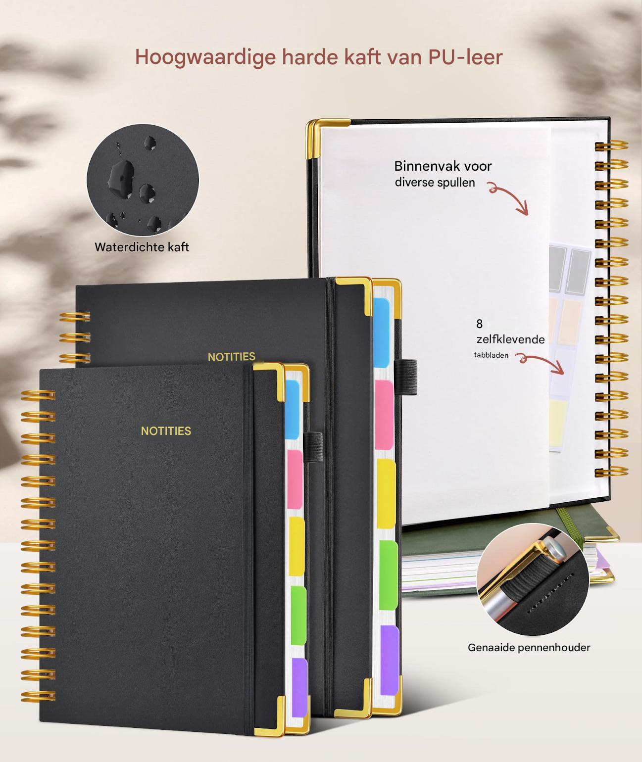 Schwarze Notizbücher mit PU-Einband, bunten Tabs und Stiftehalter.