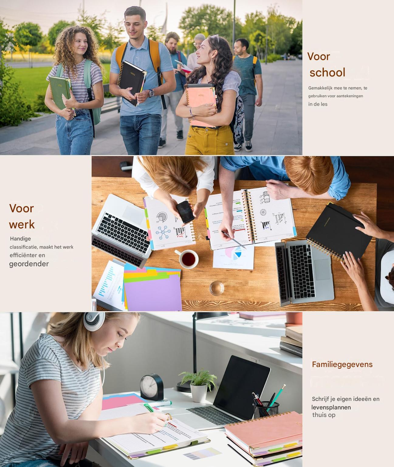 Drei Szenen mit Menschen, die Notizbücher für Schule, Arbeit und zu Hause nutzen.