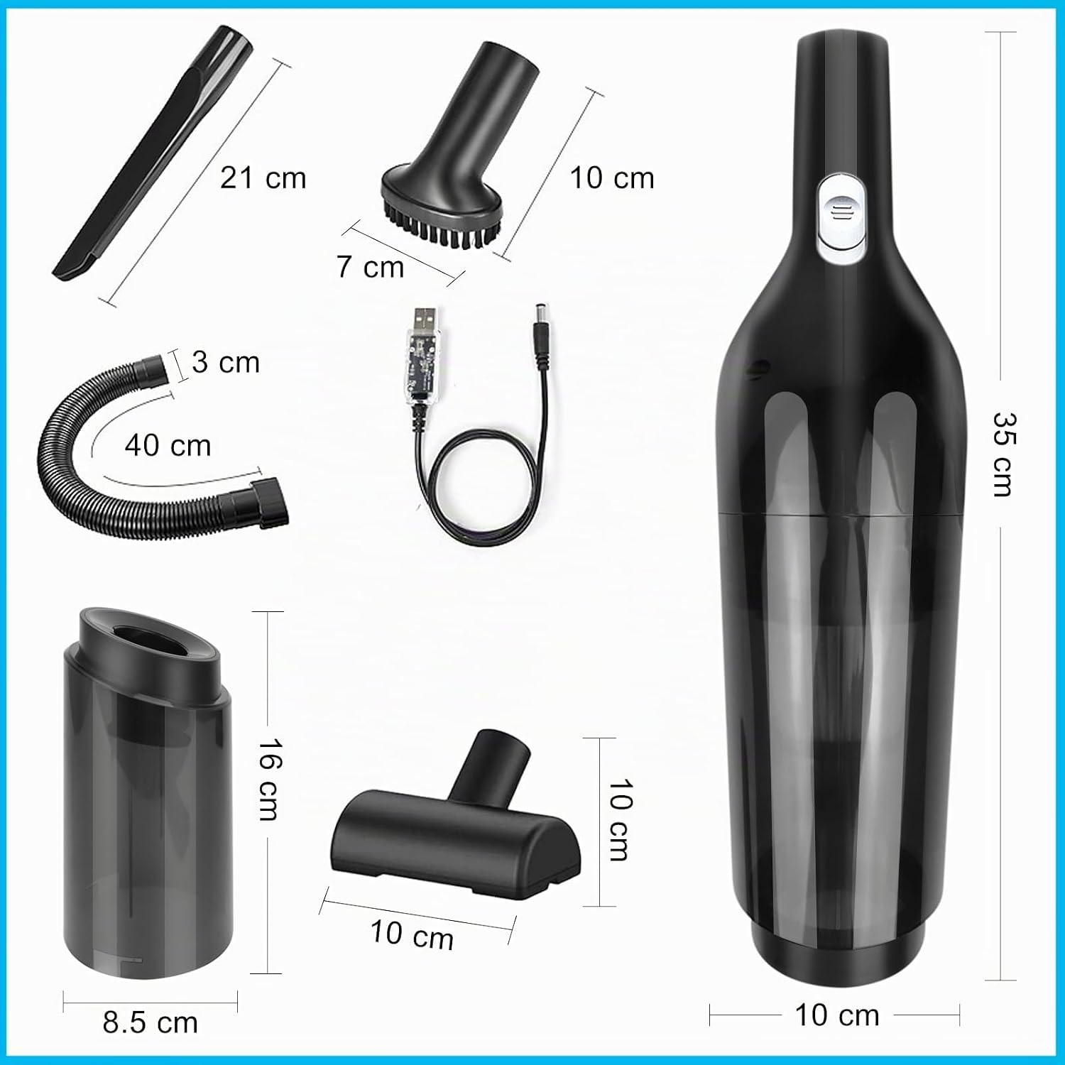 Ein schwarzer Handstaubsauger mit Zubehör, einem USB-Kabel und Maßen in Zentimetern.