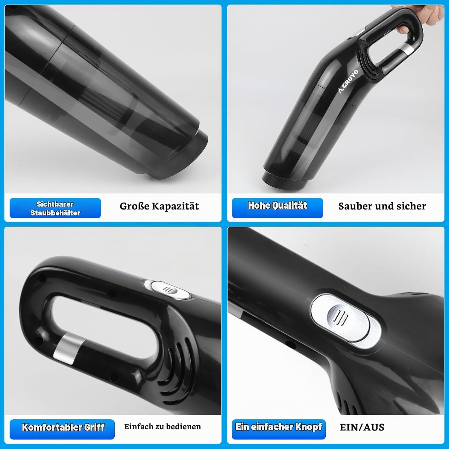 Vier Detailbilder eines schwarzen Handstaubsaugers zeigen transparente Staubkammer, Gehäuse, Griff und Ein-Aus-Knopf.