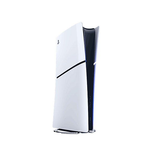 Una console PlayStation 5 bianca e nera è posizionata verticalmente su una base trasparente.