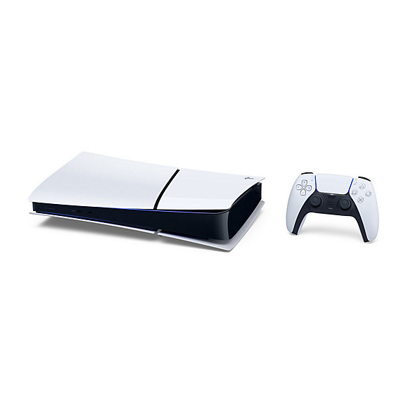 Una console PlayStation 5 bianca e un controller DualSense abbinato su una superficie bianca.
