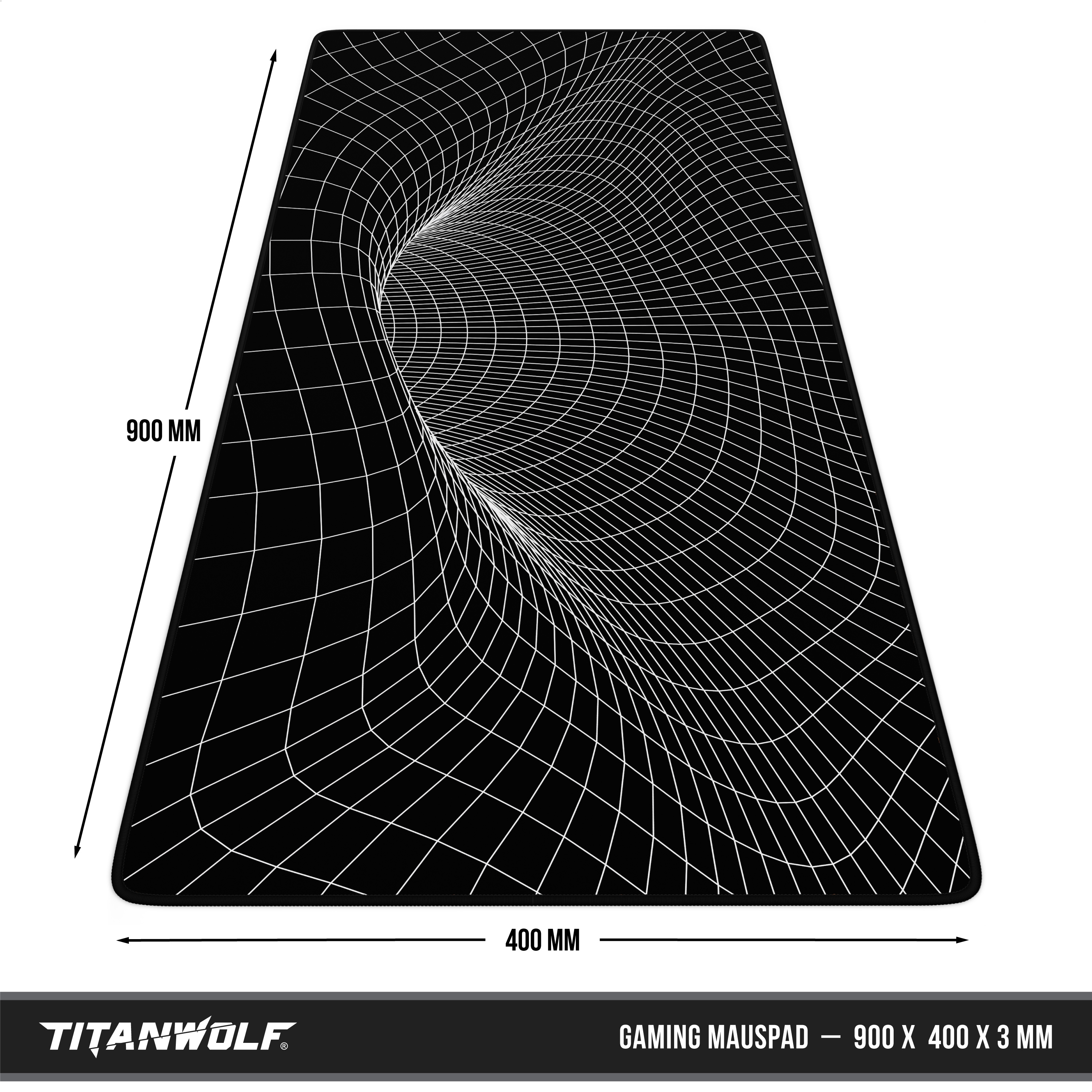 Schwarzes Titanwolf Gaming-Mauspad, 900x400 mm, mit weißem Tunnel-Gittermuster und Maßen.