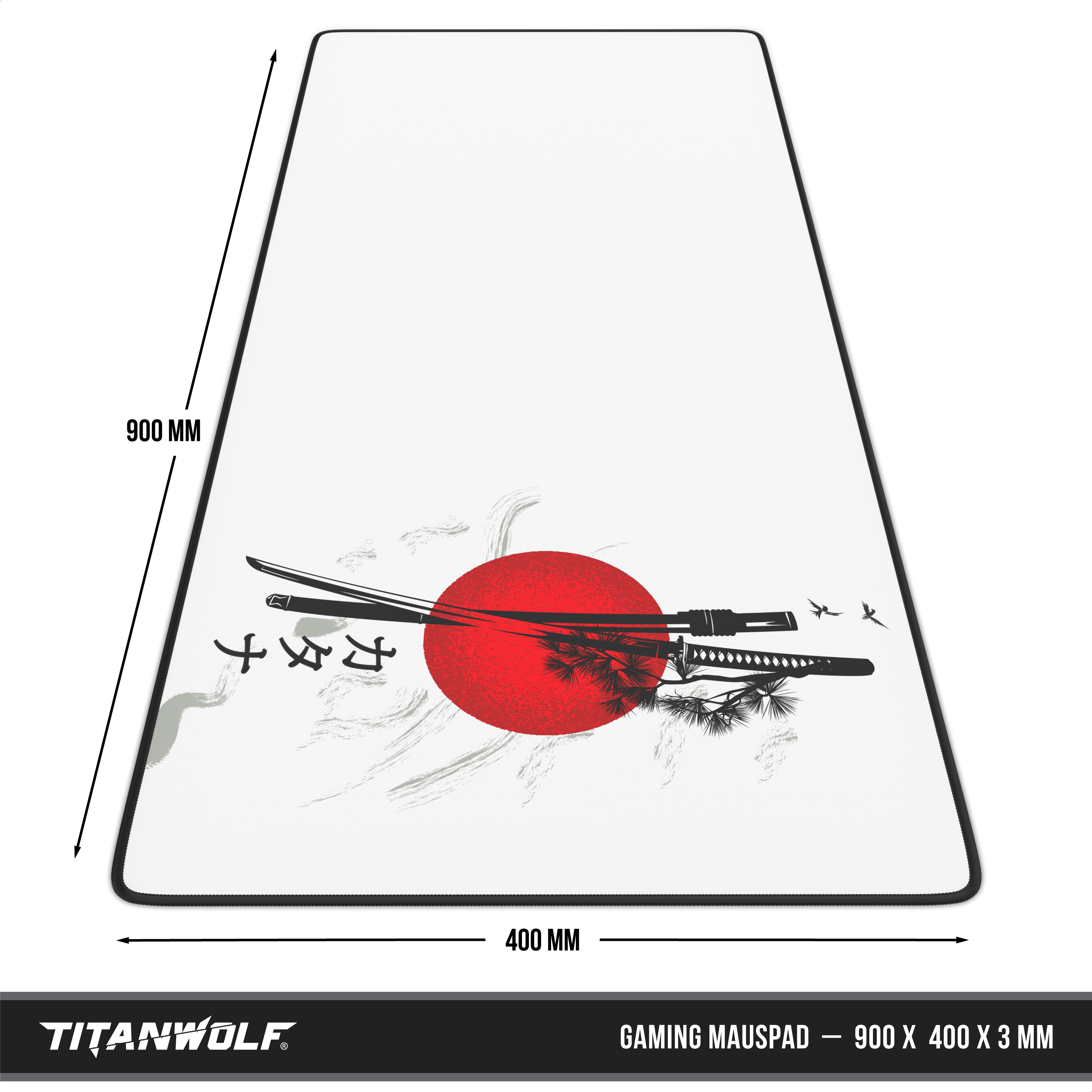 Titanwolf Gaming-Mauspad, 900x400x3 mm, mit japanischem Katana- und roter Sonne-Design auf weißem Grund.