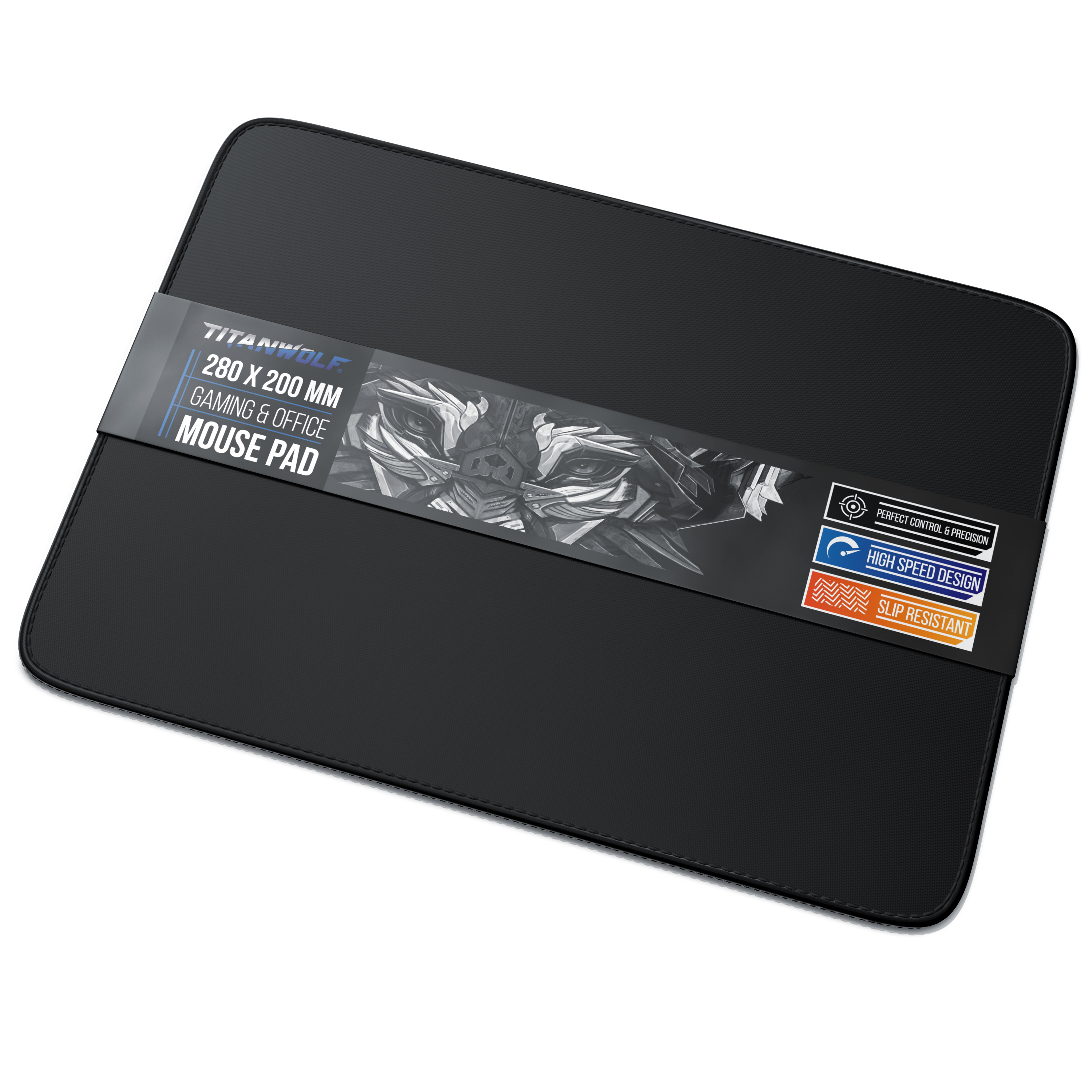Ein schwarzes Titanwolf Gaming-Mauspad in Verpackung mit Text und Wolf-Grafik.