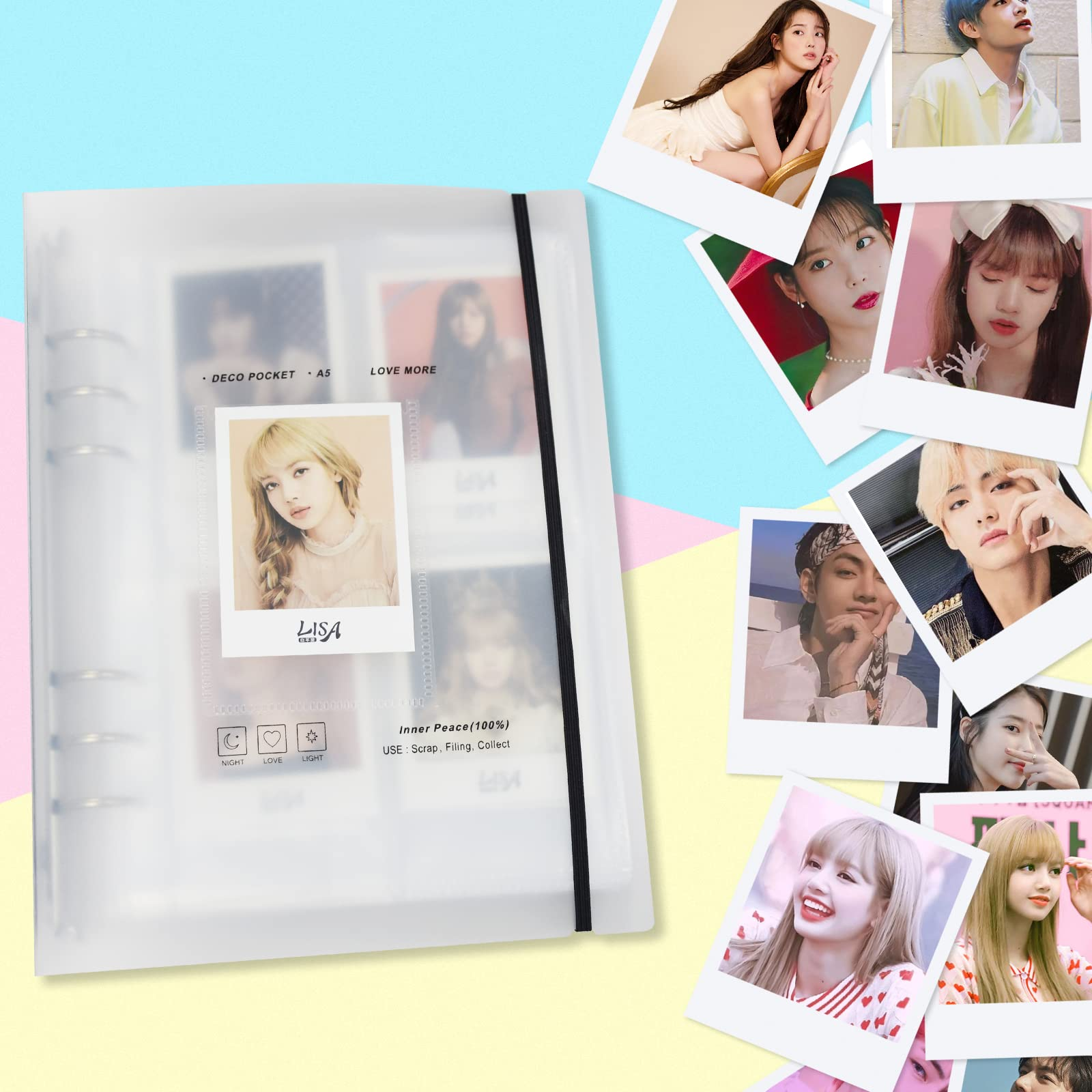 Ein weißer Ringordner liegt auf einem bunten Hintergrund, umgeben von K-Pop-Polaroidfotos.