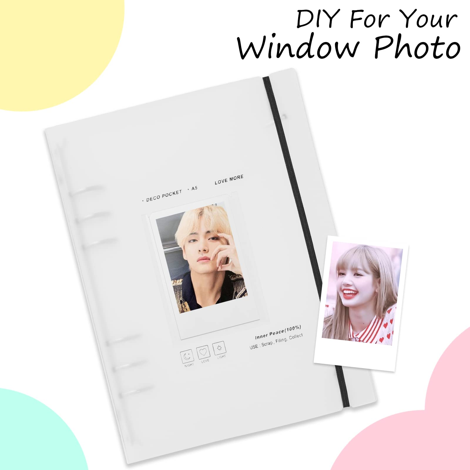 Ein weißer A5-Ringbuchordner mit Idol-Fotokarten und der Aufschrift DIY For Your Window Photo.