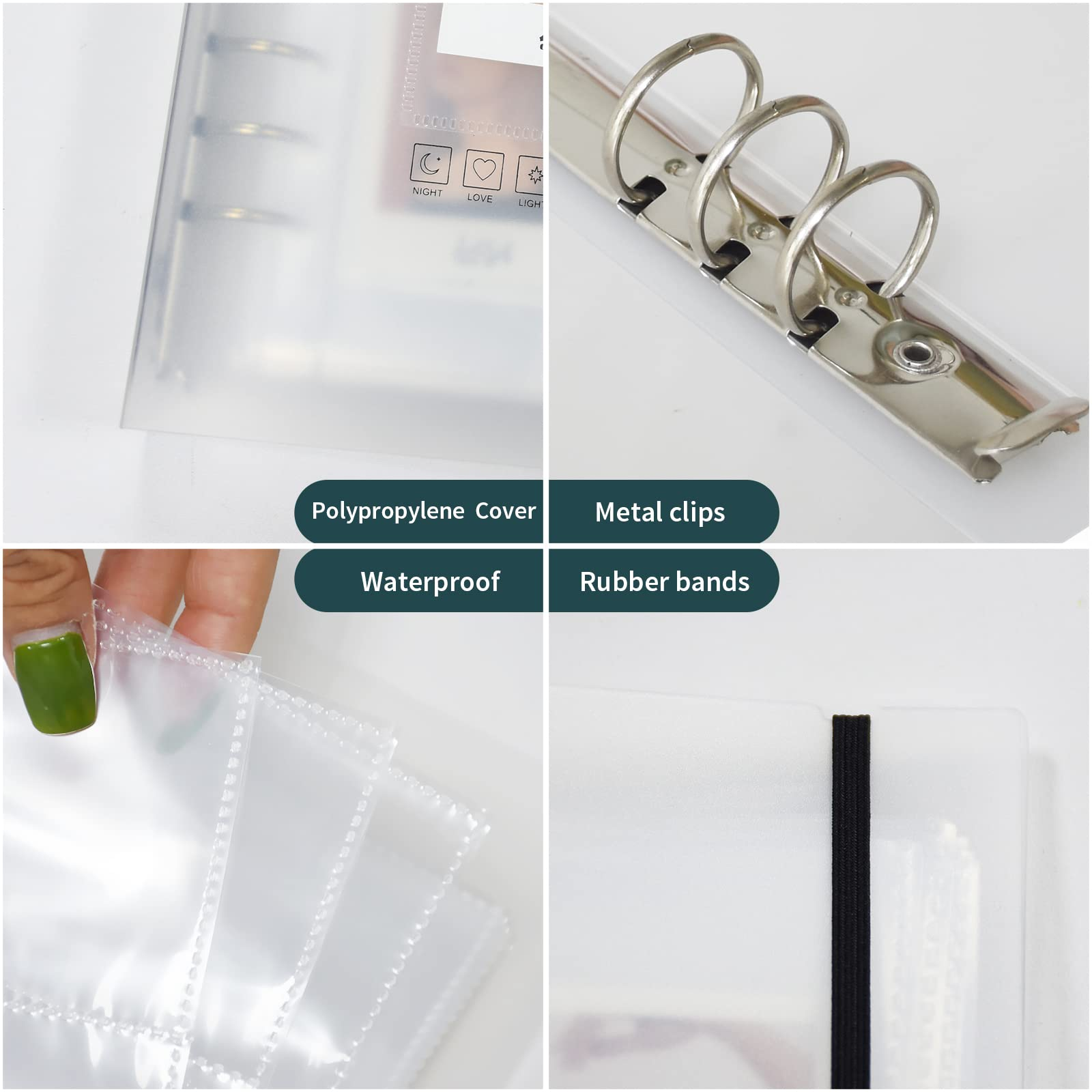 Vier Bilder zeigen Polypropylen-Einband, Metallringe, wasserdichte Hüllen und ein schwarzes Gummiband eines Ordners.