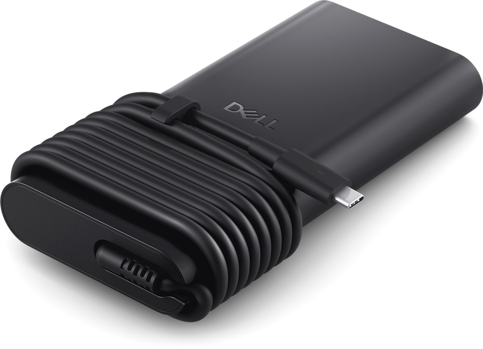 Eine schwarze Dell-Powerbank mit aufgewickeltem USB-C-Kabel auf weißem Grund.