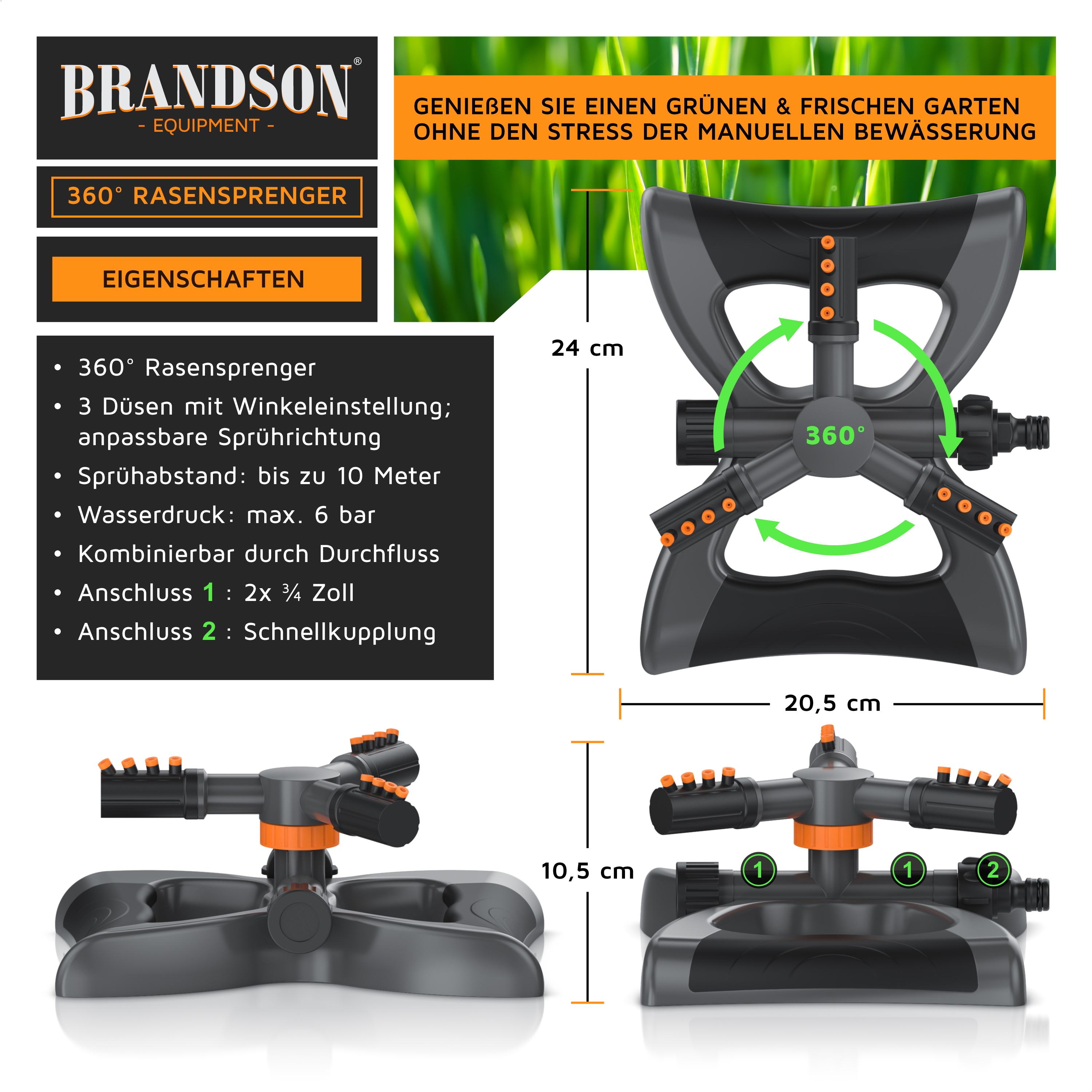 Brandson 360-Grad Rasensprenger mit Maßen, Merkmalen und Produktansichten aus verschiedenen Perspektiven.