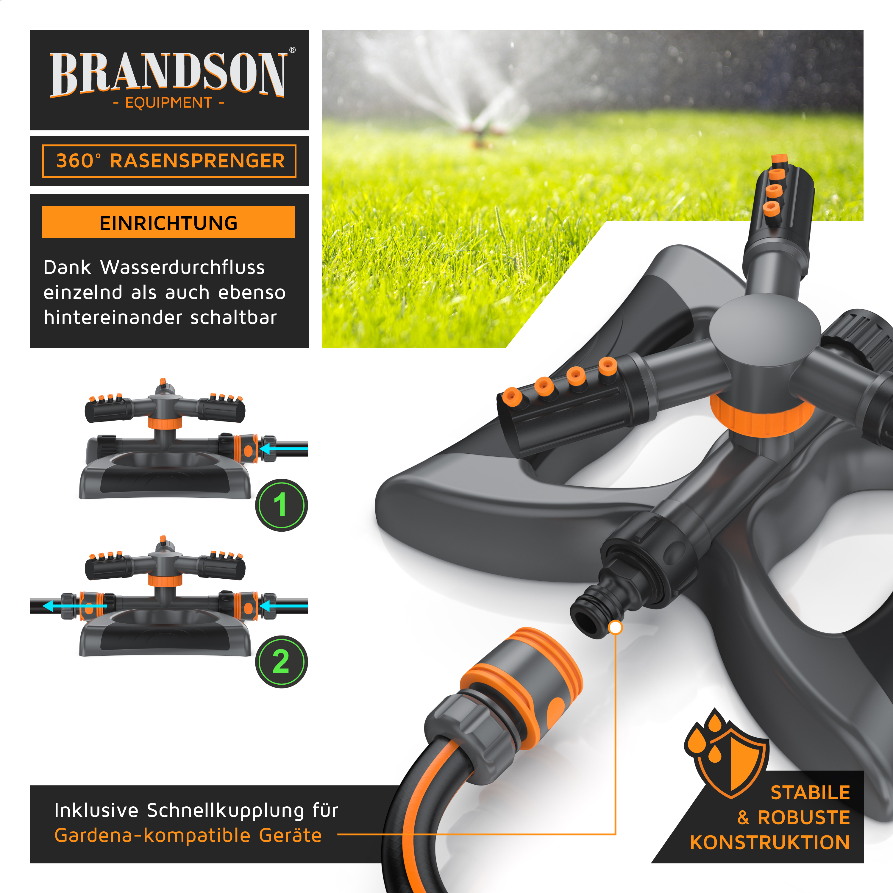 Brandson Rasensprenger mit Schnellkupplung und Anschlussmöglichkeiten für den Garten.