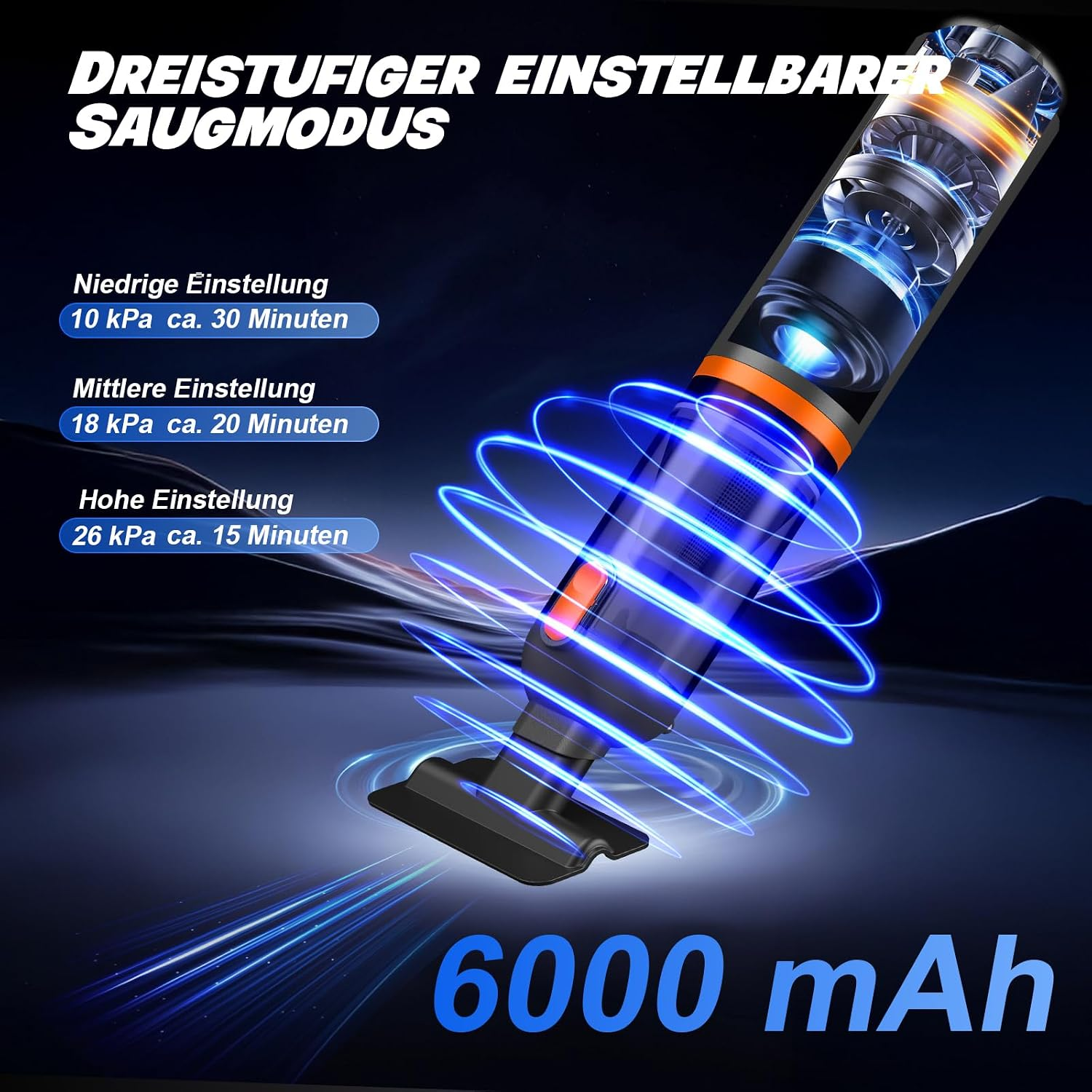 Akku-Staubsauger mit drei Saugmodi, blauen Lichteffekten und Texten zur Leistung auf dunklem Hintergrund.