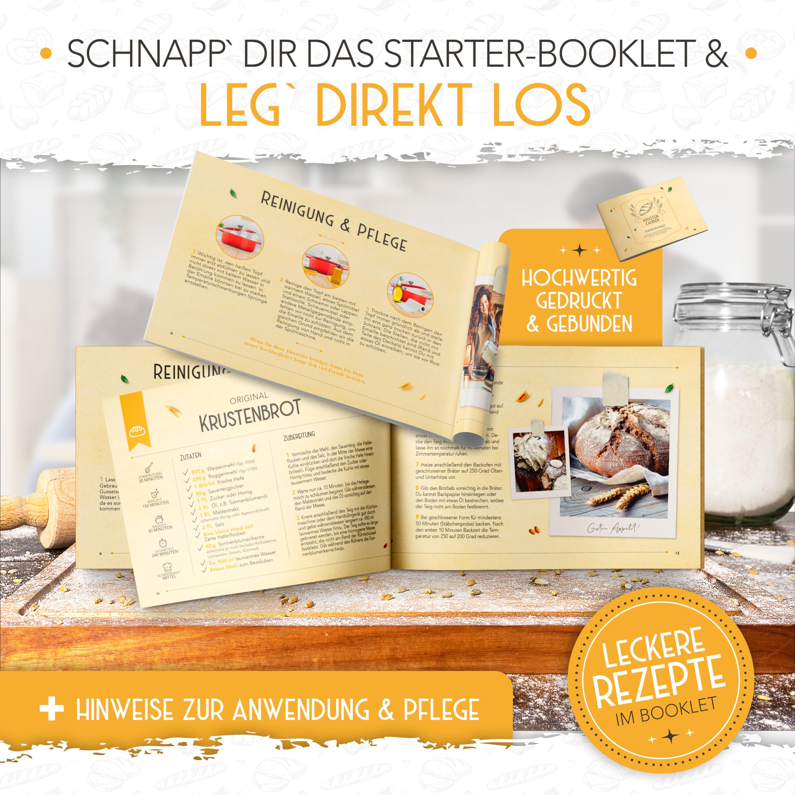 Un livre de recettes ouvert sur une table en bois, entouré d'un pot de farine et d'une corne.