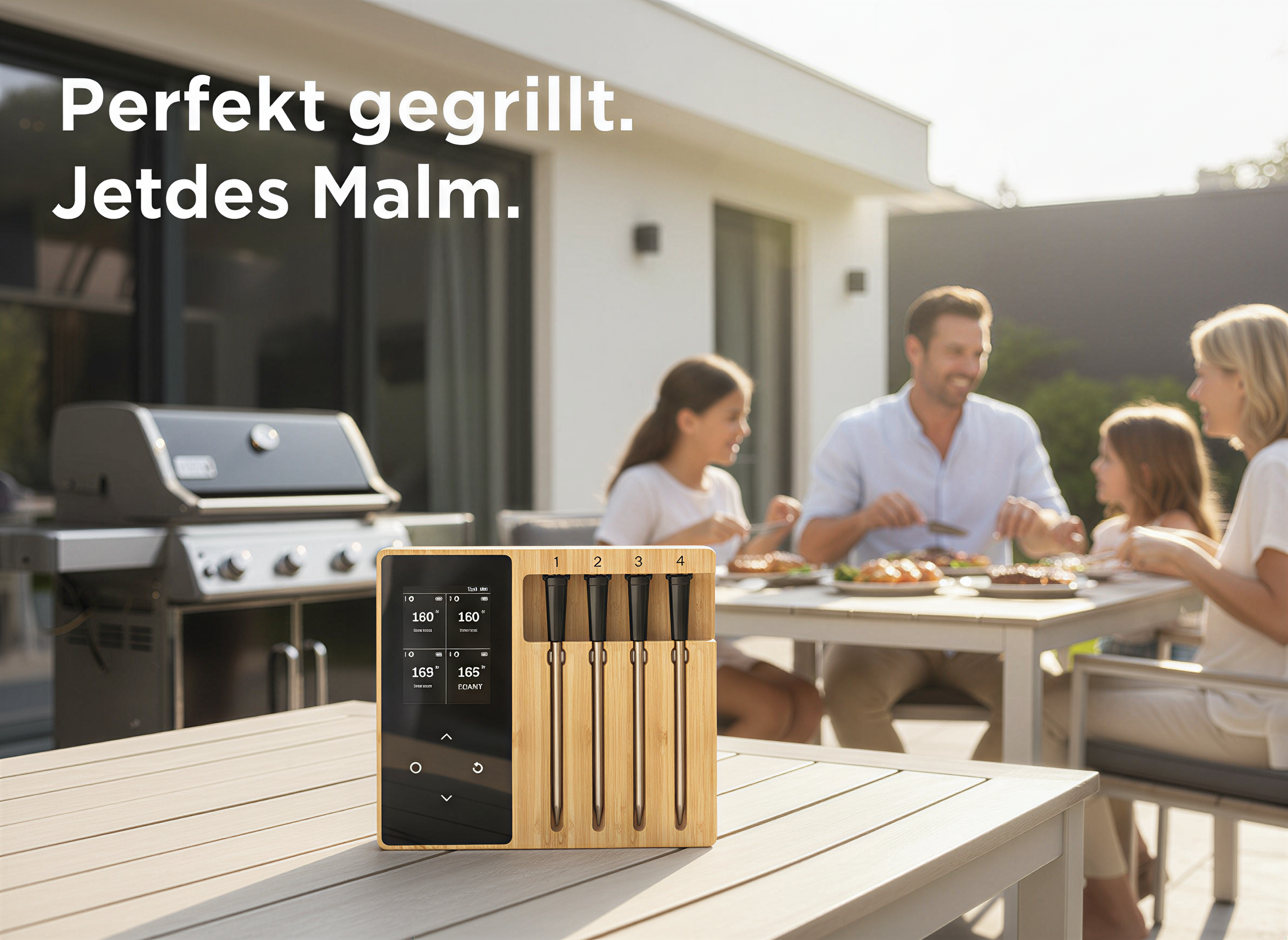 Digitales Grillthermometer mit vier Sonden auf einem Tisch, im Hintergrund eine Familie beim Essen.