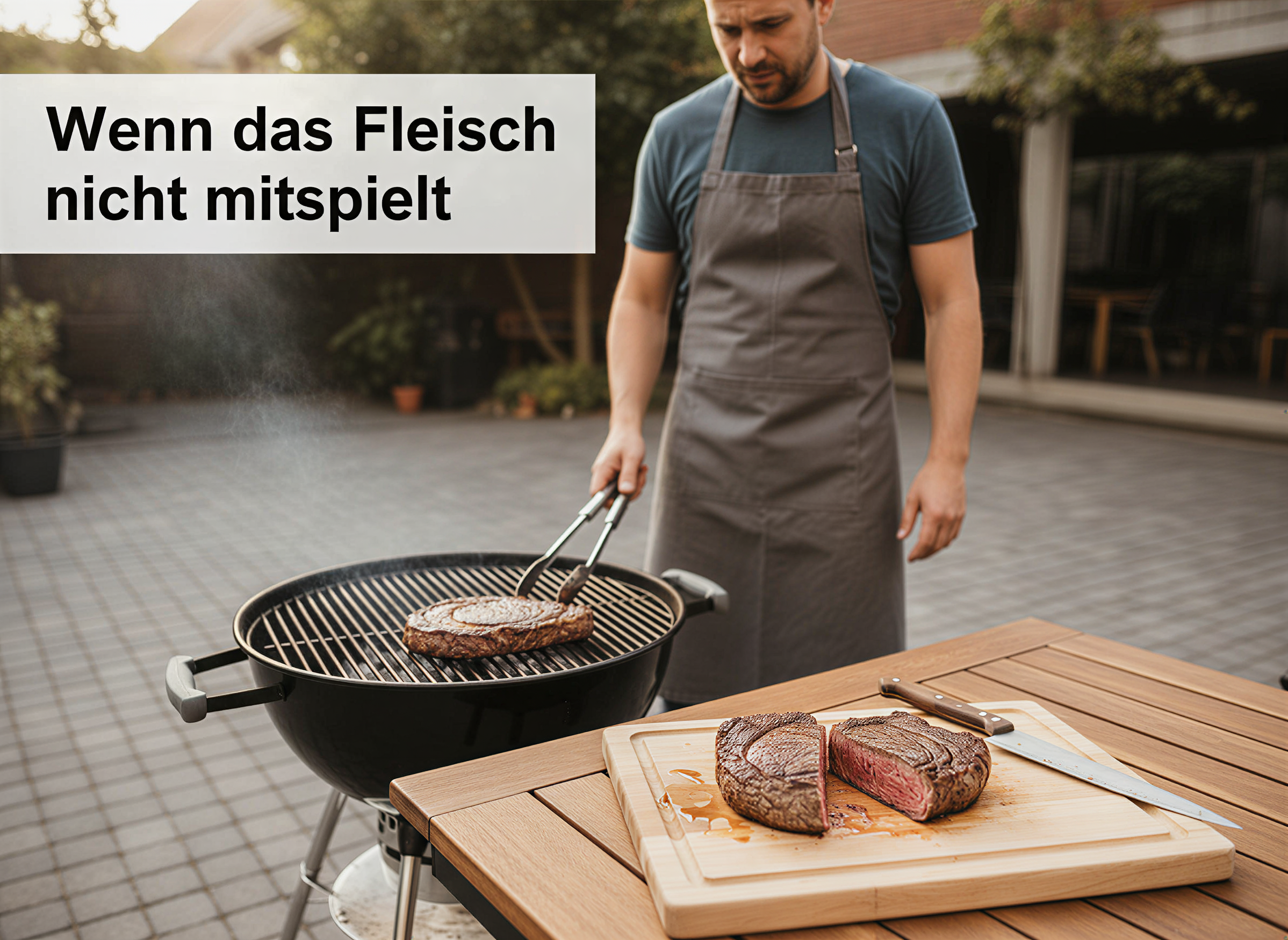 Ein Mann in einer Schürze grillt draußen ein Steak neben einem Tisch mit einem geschnittenen Steak und deutschem Text.