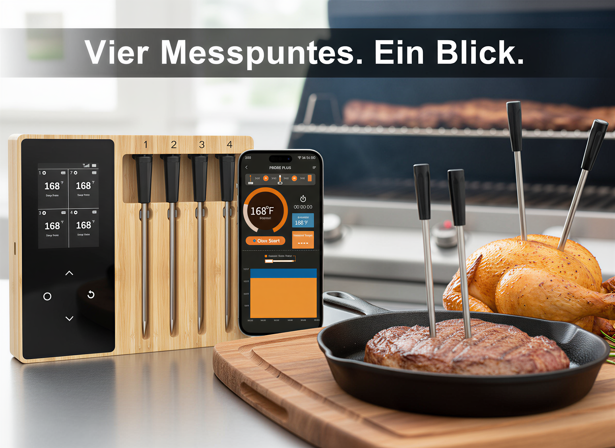Digitale Fleischthermometer mit vier Sonden, Display, Smartphone-App und gegrilltem Fleisch auf einem Brett.