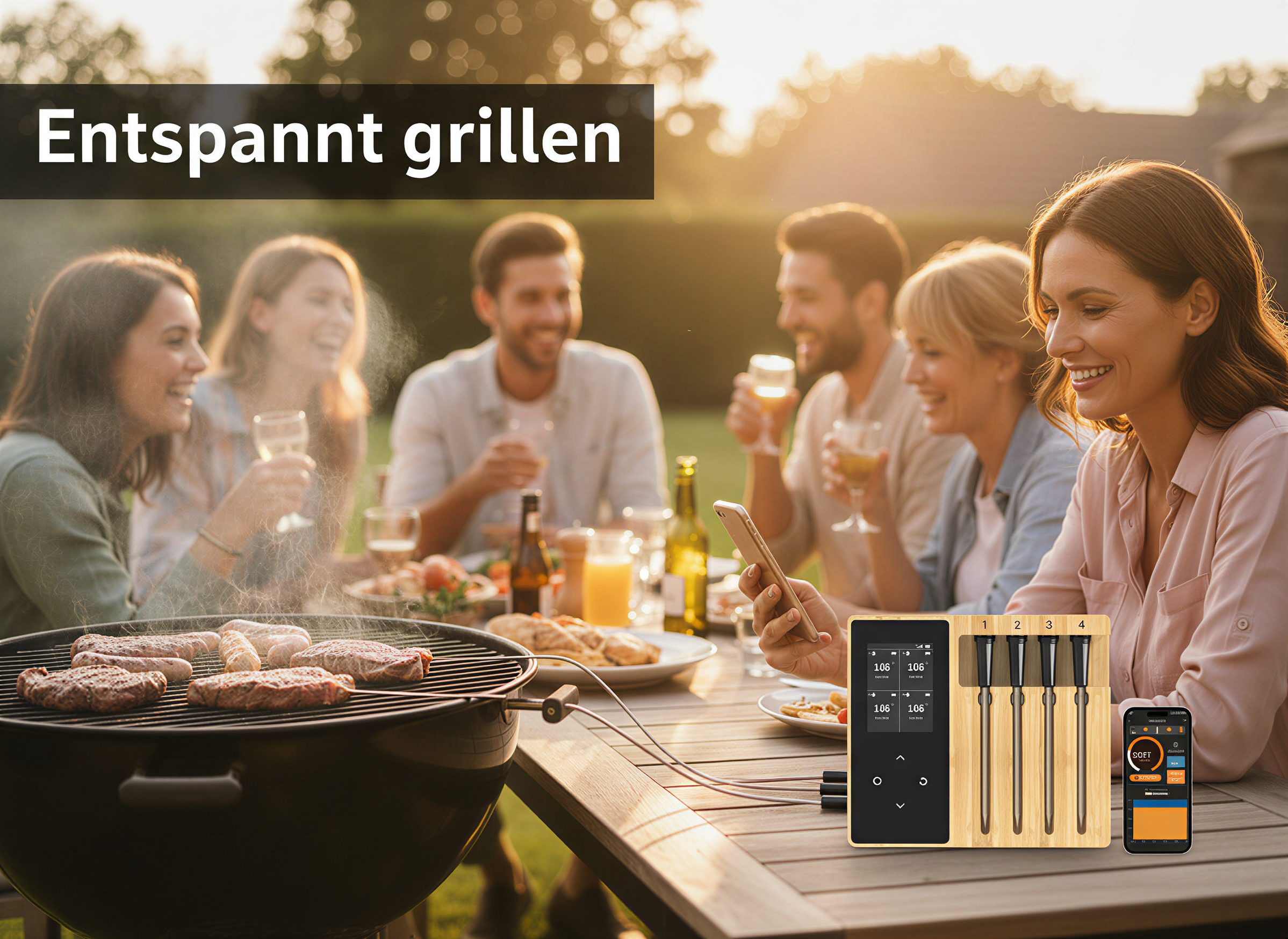 Freunde beim Grillen, während ein digitales Fleischthermometer Temperaturen anzeigt.