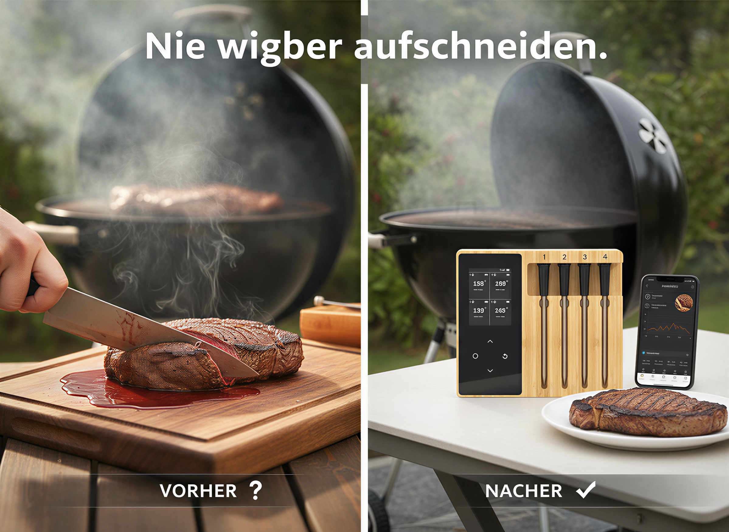 Vergleich zweier Grillmethoden mit und ohne Fleischthermometer neben einem rauchenden Kugelgrill.