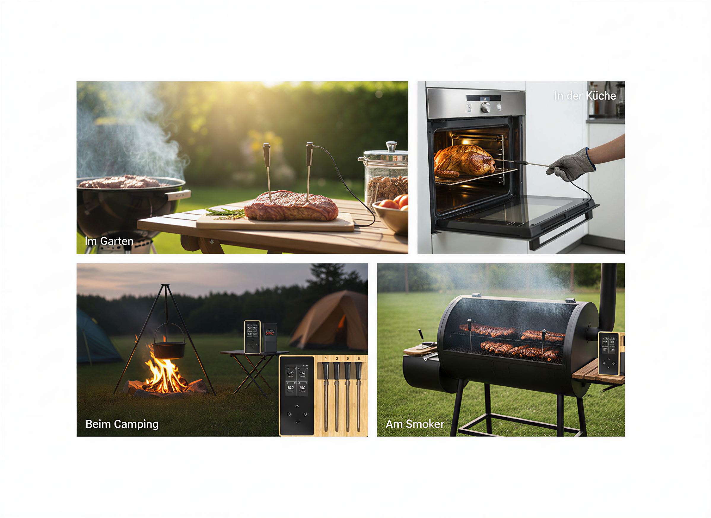 Vier Bilder zeigen ein kabelloses Fleischthermometer im Garten, in der Küche, beim Camping und am Smoker.