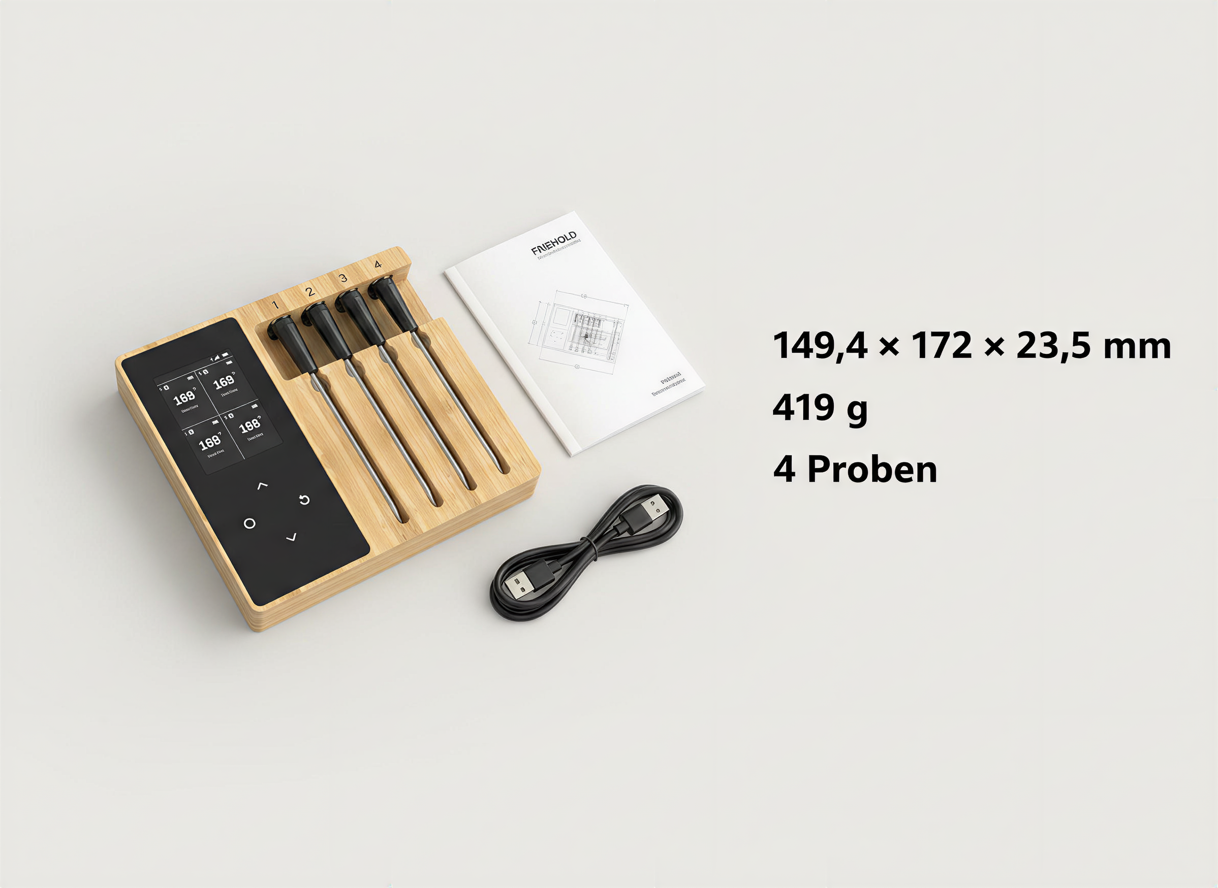 Ein hölzernes digitales Bratenthermometer mit vier Sonden, Handbuch, USB-Kabel und Maßen auf weißem Hintergrund.