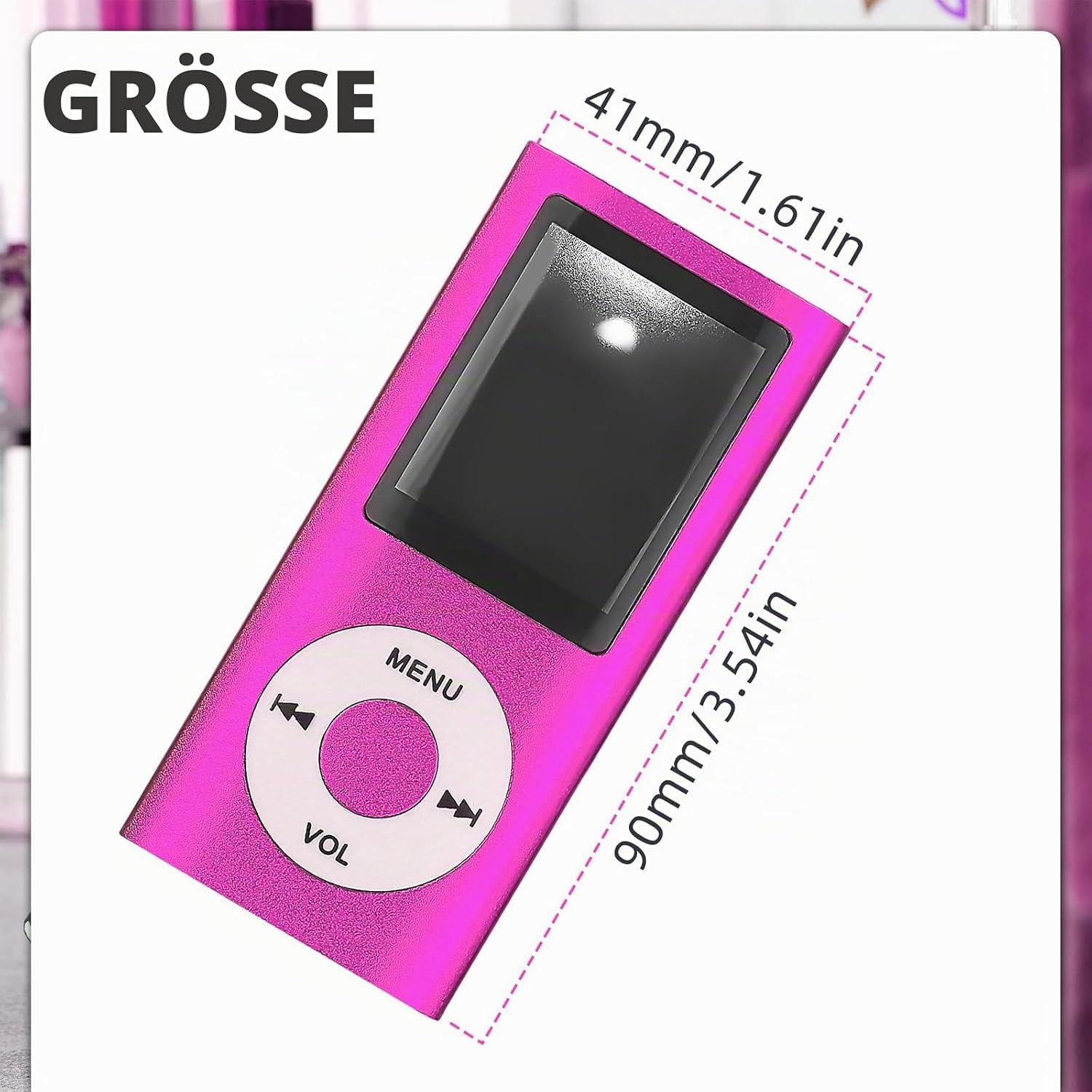 Rosa MP3-Player mit den Maßen 41mm/1.61in mal 90mm/3.54in.