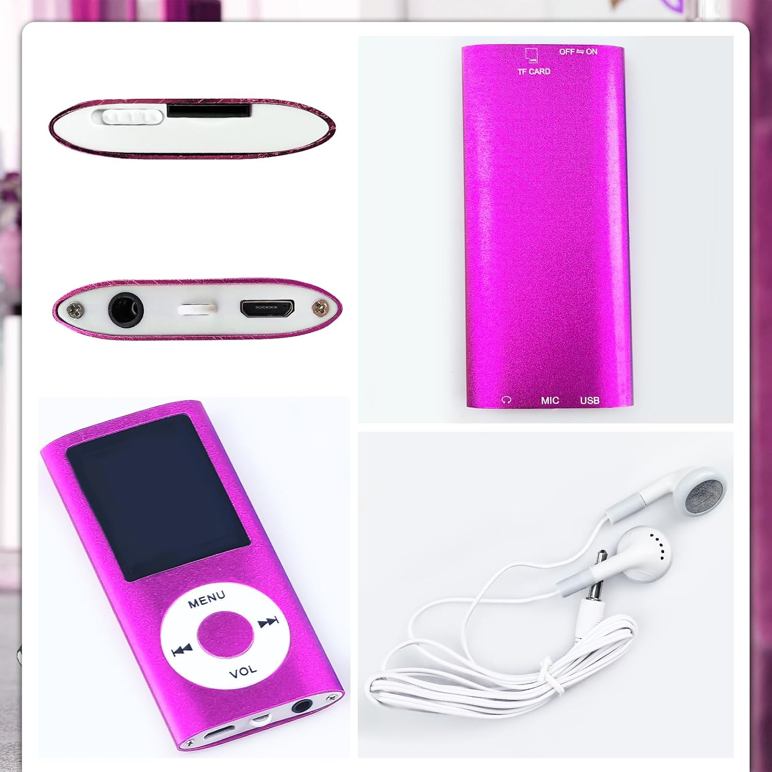 Ein pinker MP3-Player aus verschiedenen Winkeln mit weißen Kopfhörern auf weißem Hintergrund.