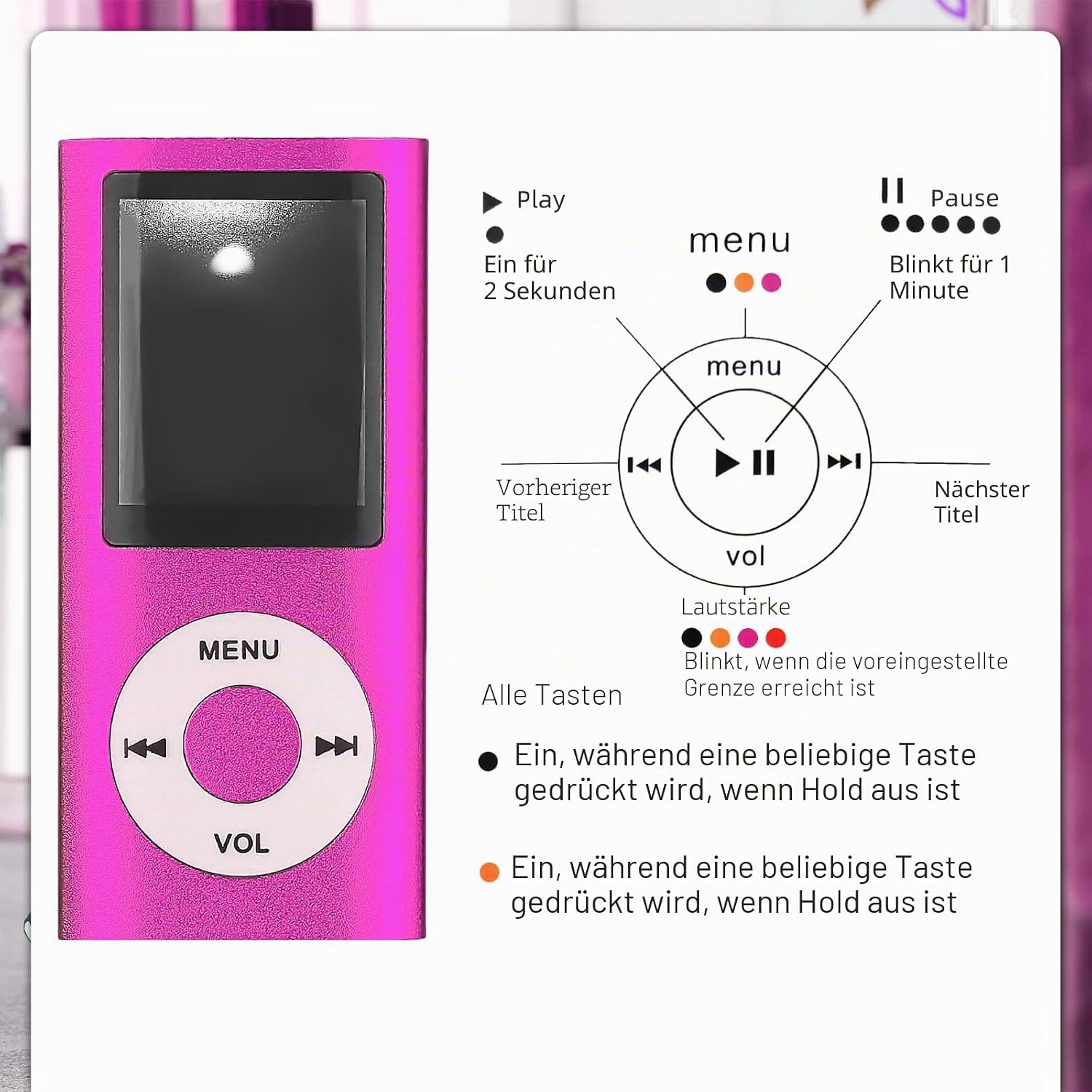 Diagramm zeigt die Tastenbelegung eines pinken MP3-Players mit Bildschirm und Steuerkreuz.