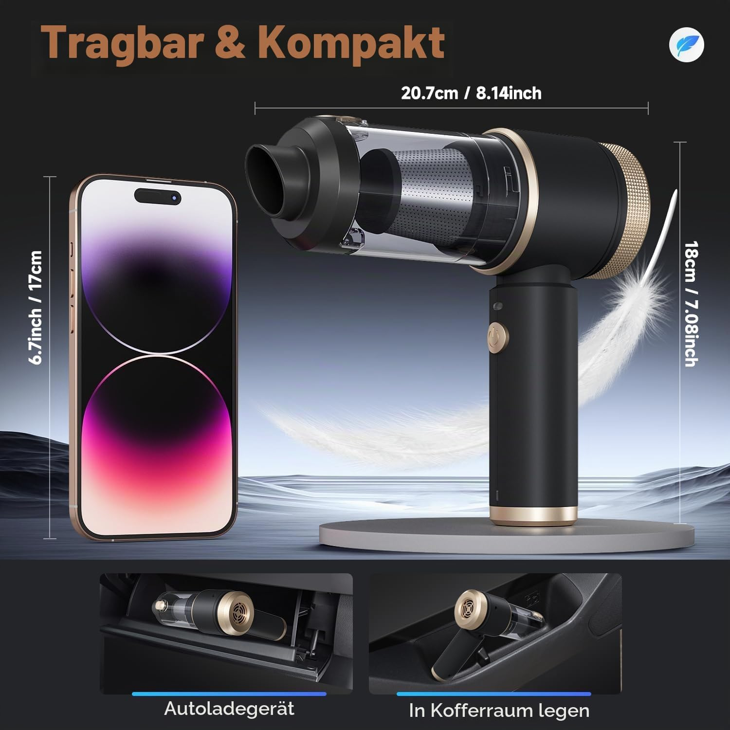 Kompakter schwarzer Handstaubsauger mit Smartphone und Abmessungen im Bild.
