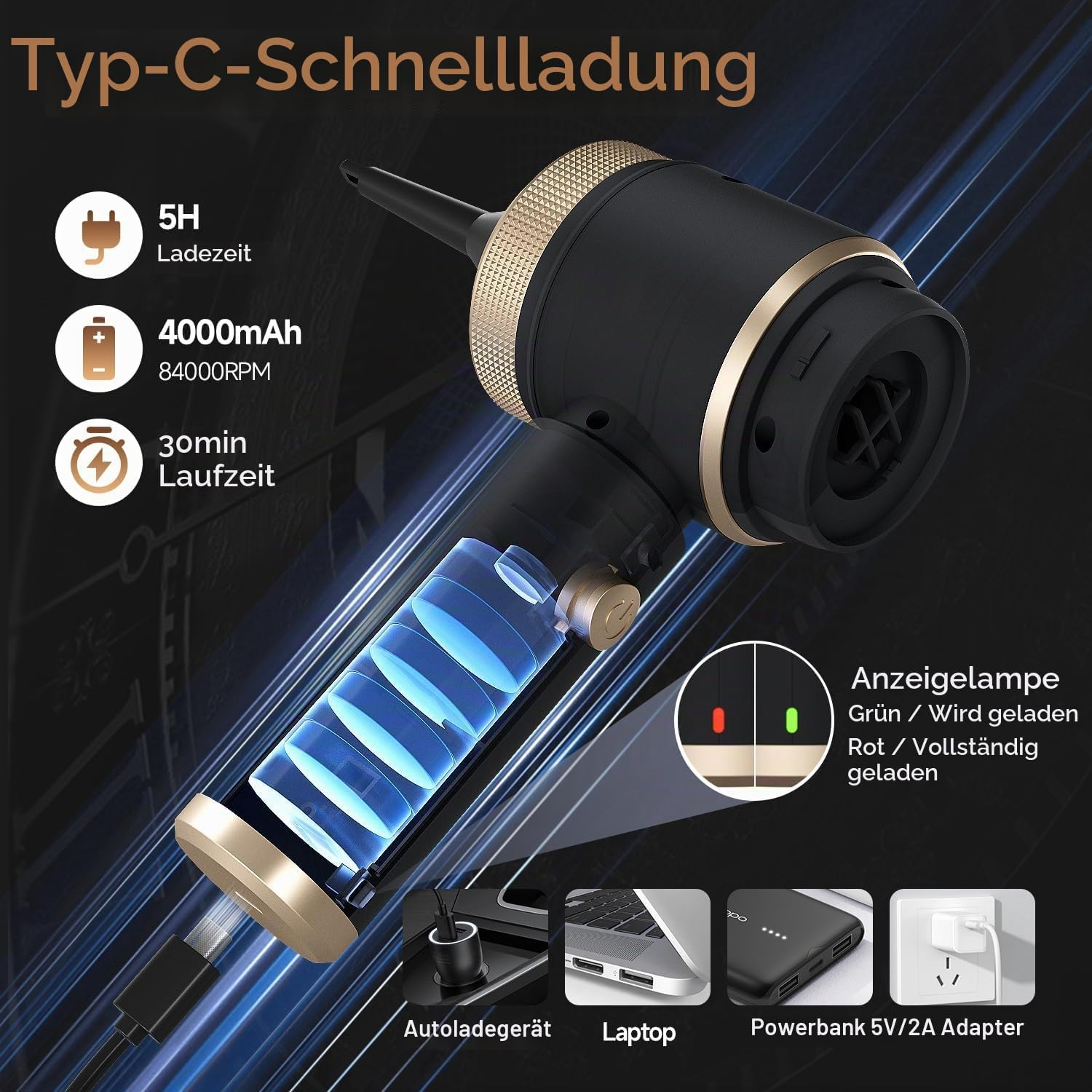 Schwarzer elektrischer Luftstaubwedel mit goldenen Akzenten und technischen Spezifikationen auf dunklem Hintergrund.