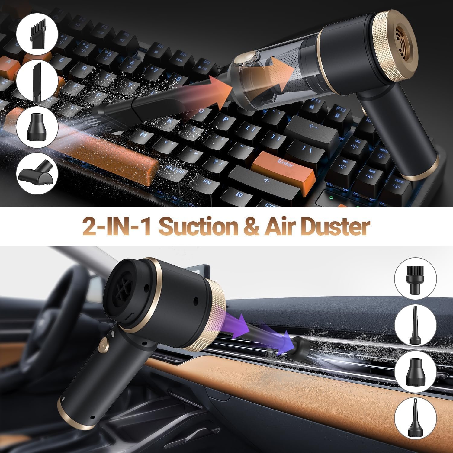 Ein tragbarer schwarzer und goldener 2-in-1-Handstaubsauger und Luftgebläse reinigt eine Tastatur und ein Auto.
