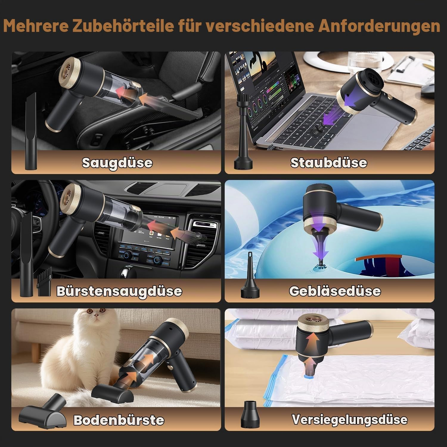 Sechs Bilder zeigen einen tragbaren Handstaubsauger mit verschiedenen Aufsätzen bei der Reinigung von Auto, Laptop und mehr.