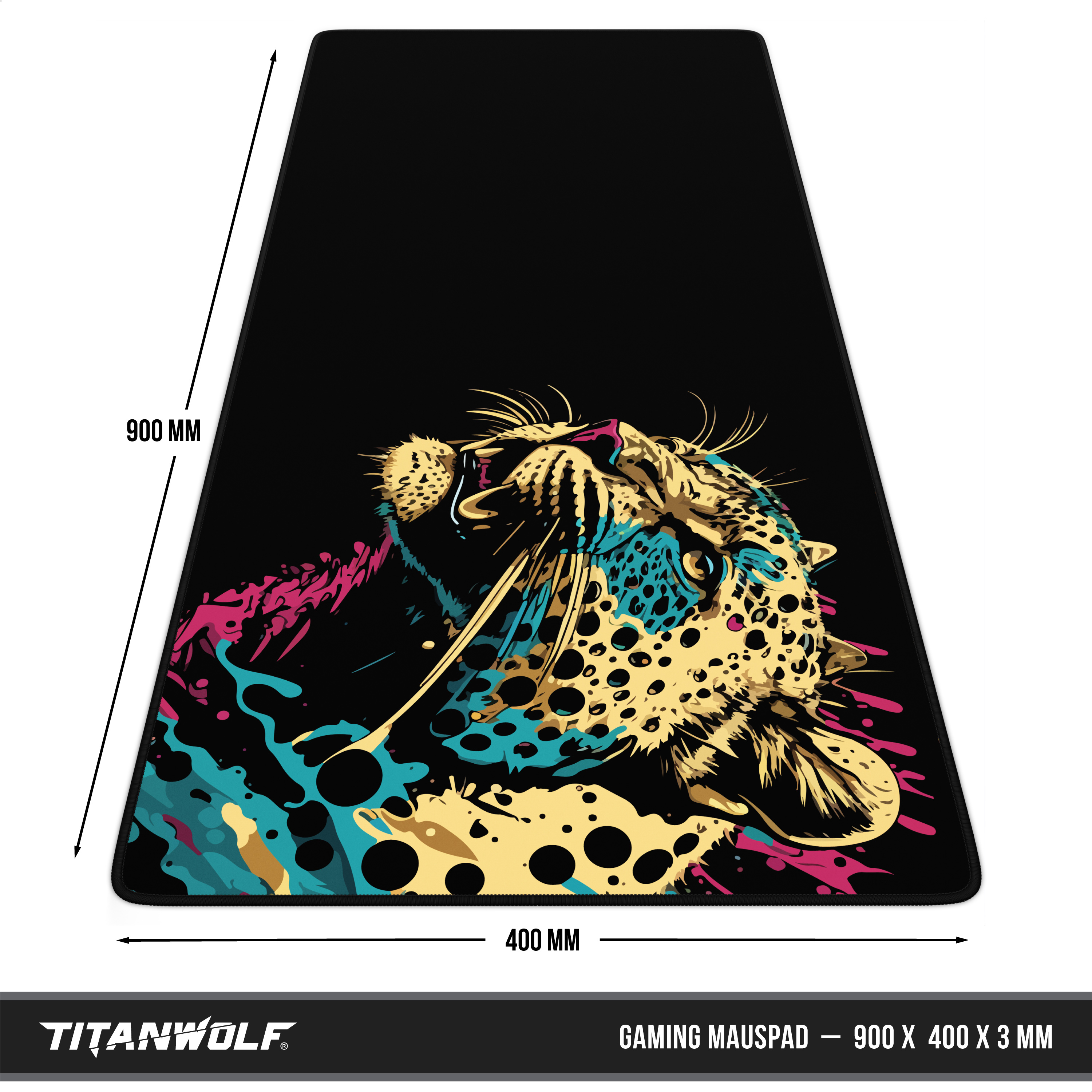 Schwarzes Titanwolf Gaming-Mauspad mit Leoparden-Design, Maße 900x400x3 mm.